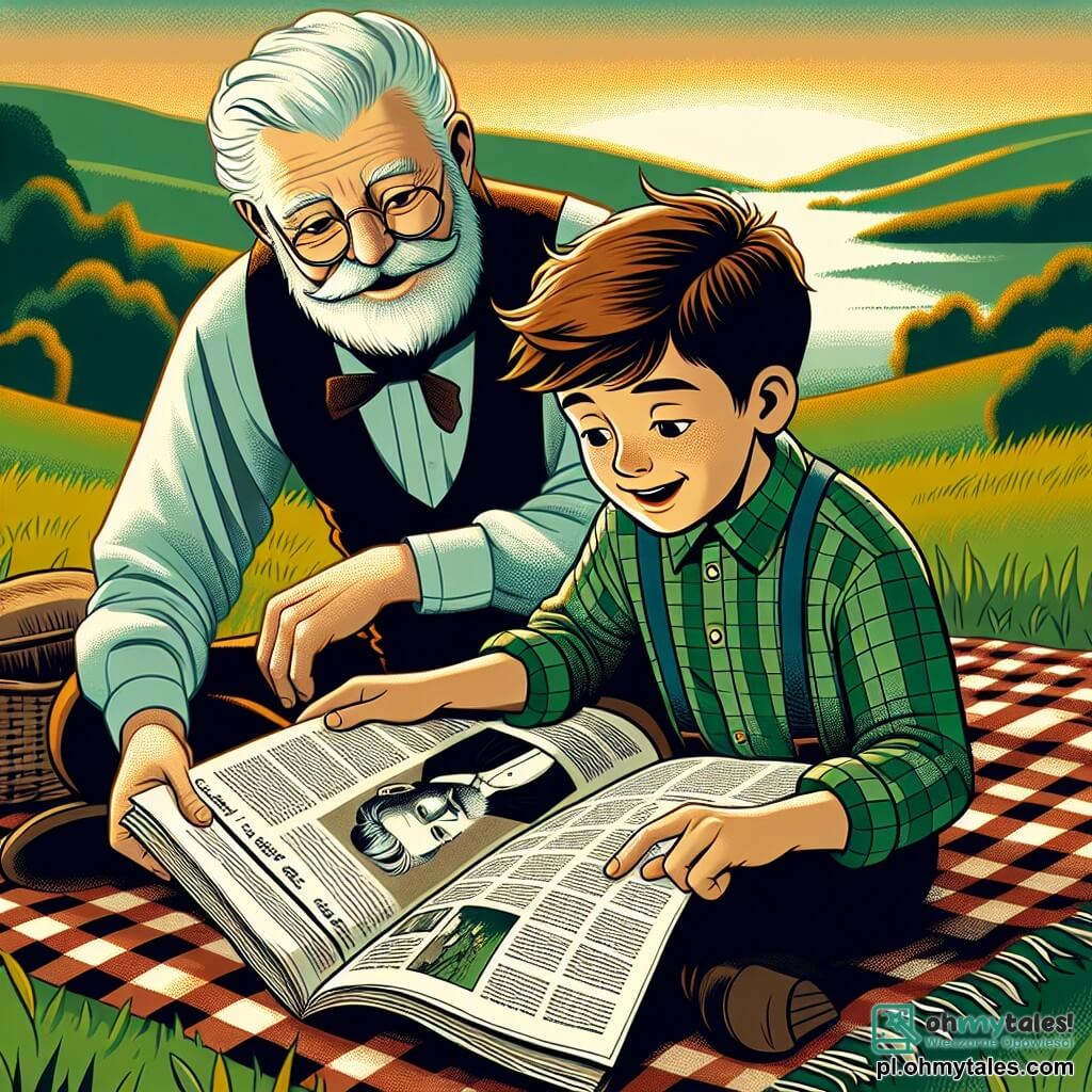 Une illustration sous forme de dessin destinée aux enfants représentant une scène paisible sur une colline verdoyante, où un garçon de 9 ans aux cheveux châtains et aux yeux pétillants, assis sur un plaid à carreaux, feuillette un vieux journal avec émerveillement, tandis qu'un homme âgé aux cheveux gris et à la barbe bien taillée, vêtu d'une chemise à carreaux, l'observe avec un sourire bienveillant, partageant des histoires de vie et de souvenirs, le tout baigné dans une douce lumière dorée du coucher de soleil, symbolisant la beauté des souvenirs et la continuité de la vie malgré la perte.