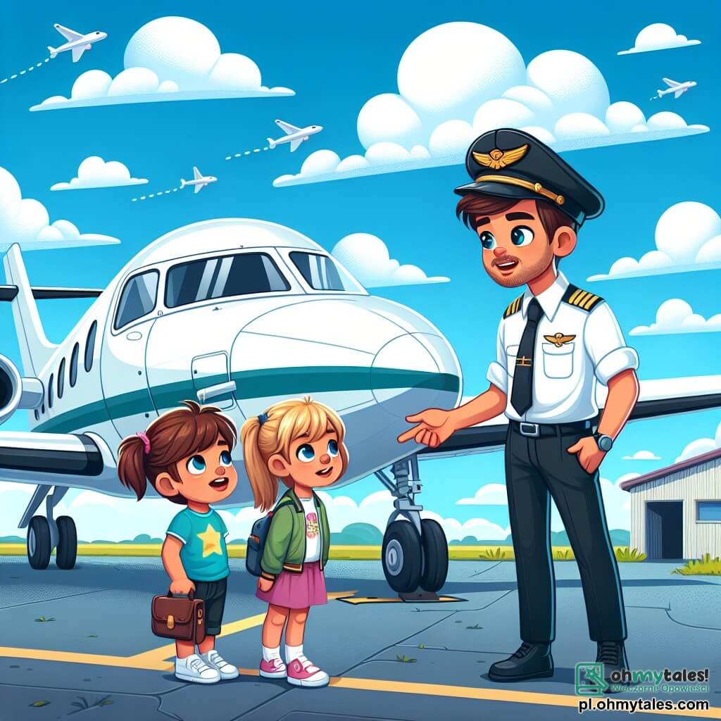 Une illustration sous forme de dessin destinée aux enfants représentant un petit aéroport ensoleillé avec un grand avion blanc sur le tarmac, où un homme aux cheveux bruns et à la barbe soignée, vêtu d'une combinaison de pilote, sourit en montrant le cockpit à une petite fille aux cheveux blonds, portant une casquette de pilote, et à un petit garçon aux cheveux châtains, en t-shirt coloré, tous deux émerveillés par leur première expérience de vol, tandis que des nuages moelleux flottent dans le ciel bleu, symbolisant l'aventure et la liberté du pilotage.