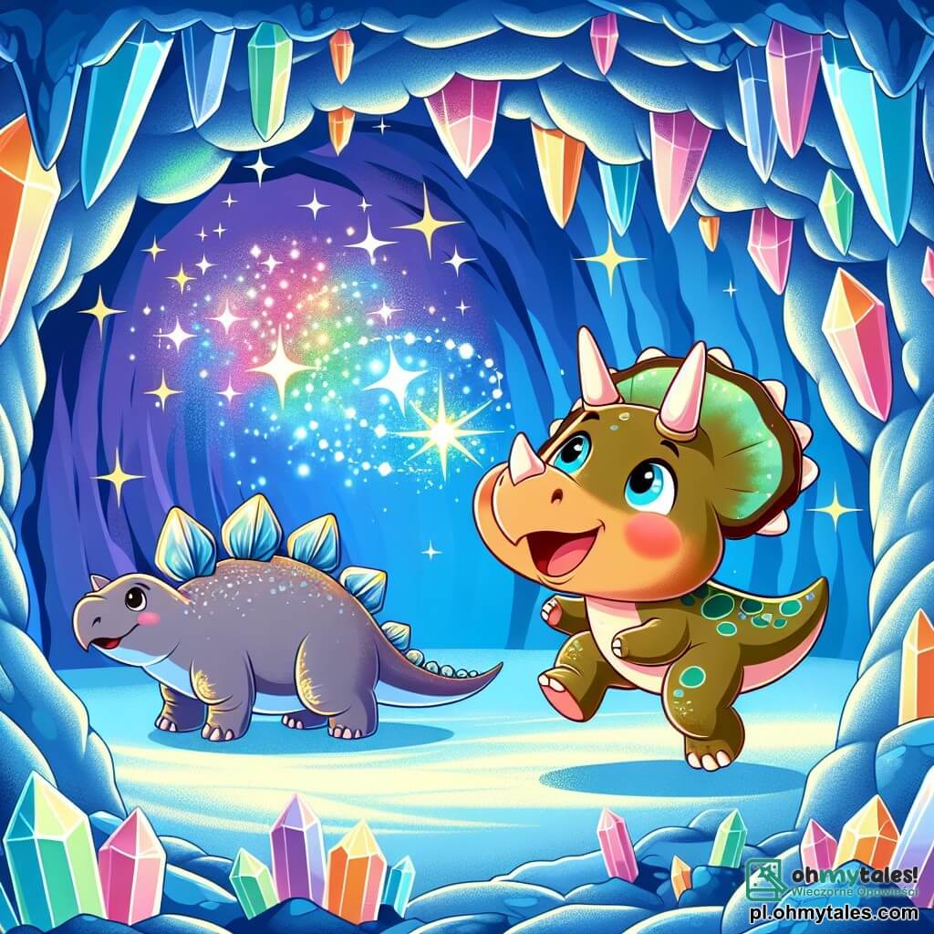 Une illustration sous forme de dessin destinée aux enfants représentant une magnifique jaskinia błękitna, avec des murs scintillants de cristaux colorés, où un petit tricératops au pelage brun et aux taches vertes, les yeux pétillants d'excitation, s'élève joyeusement dans les airs, tandis qu'un stegozaur à la peau grise et aux plaques dorsales épineuses, avec un regard inquiet, tente de le suivre, alors qu'ils découvrent ensemble la magie des souhaits dans un monde préhistorique rempli de couleurs vives et de lumière éclatante.