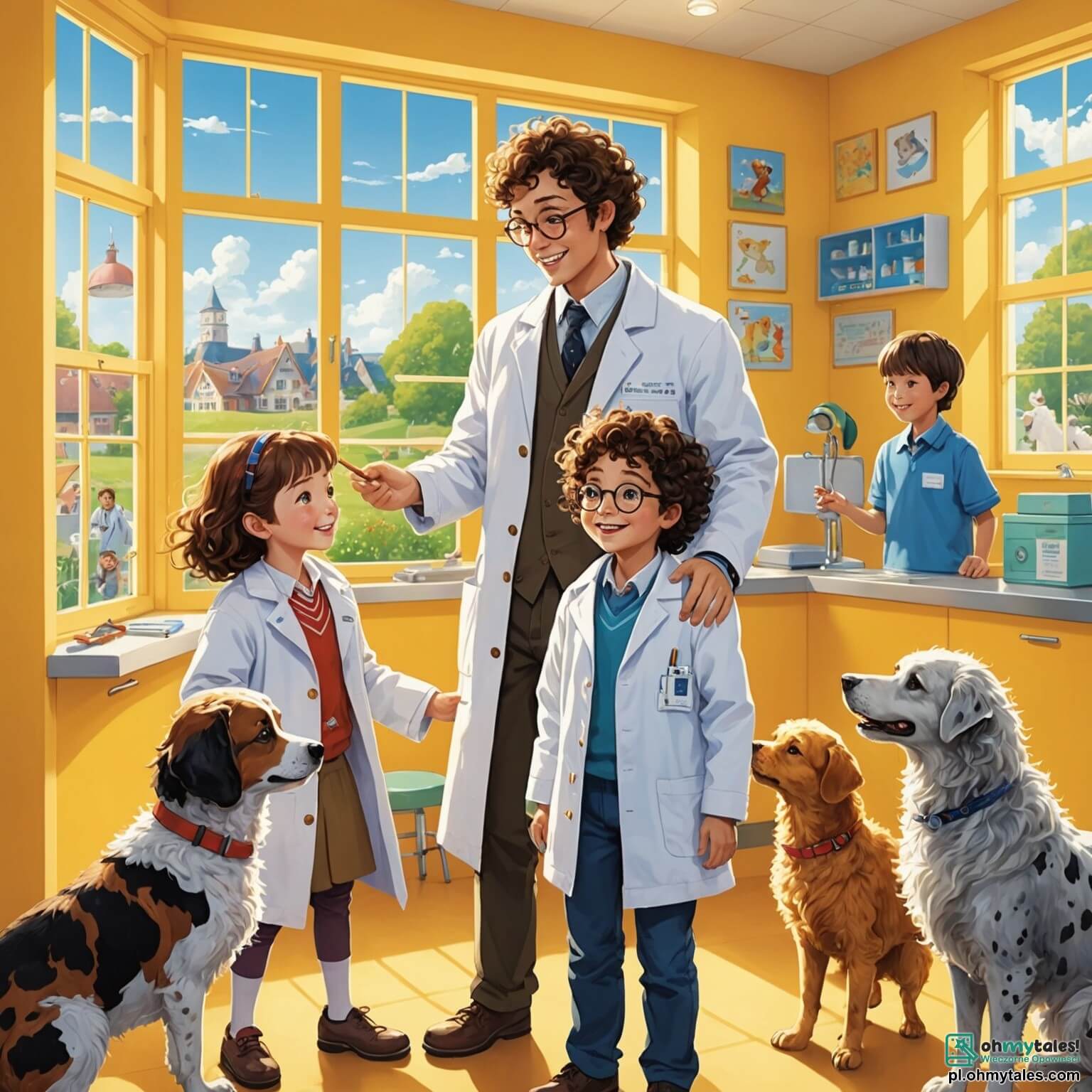 Une illustration destinée aux enfants représentant un homme au sourire chaleureux et aux mains expertes, vêtu d'une blouse blanche, entouré de jeunes enfants, une fille pétillante aux cheveux bouclés et un garçon curieux aux lunettes, tous deux fascinés par les animaux dans un cabinet vétérinaire lumineux aux murs jaunes, décoré de dessins d'animaux colorés, où des rayons de soleil filtrent à travers de grandes fenêtres, illuminant un espace rempli de cages accueillantes pour les animaux malades, tandis que le vétérinaire examine avec soin un petit chien aux yeux brillants et une chatonne aux poils doux, créant une atmosphère d'amour et de soin pour les précieux compagnons à quatre pattes.