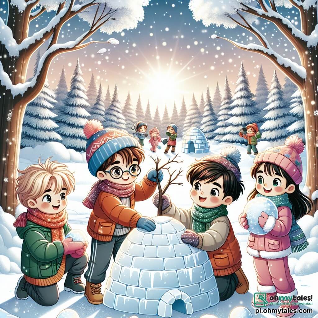 Ilustracja przedstawiająca magiczną zimową scenę w ośnieżonym lesie. Majestatyczne drzewa pokryte są lśniącym śniegiem, a ziemia wyłożona grubą warstwą białych płatków. Na środku obrazu czterech młodych przyjaciół jest razem: 8-letni chłopiec z brązowymi włosami i okularami, noszący czerwoną chustę i niebieską czapkę, uśmiecha się, trzymając gałąź do budowy igloo. Obok niego 9-letni chłopiec z blond włosami, ubrany w zieloną kurtkę, klęczy i z ciekawością obserwuje ślady w śniegu. Inny 7-letni chłopiec z czarnymi włosami i pomarańczowym płaszczem robi zdjęcia małym aparatem, uchwytując magię chwili. Na koniec 8-letnia dziewczynka z kasztanowymi włosami w różowym kombinezonie zbiera kulki śniegu, aby radośnie je rzucać. Atmosfera jest wesoła i dynamiczna, pełna śmiechu i zachwytu, podczas gdy łagodnie świecące zimowe słońce oświetla scenę złotym światłem.