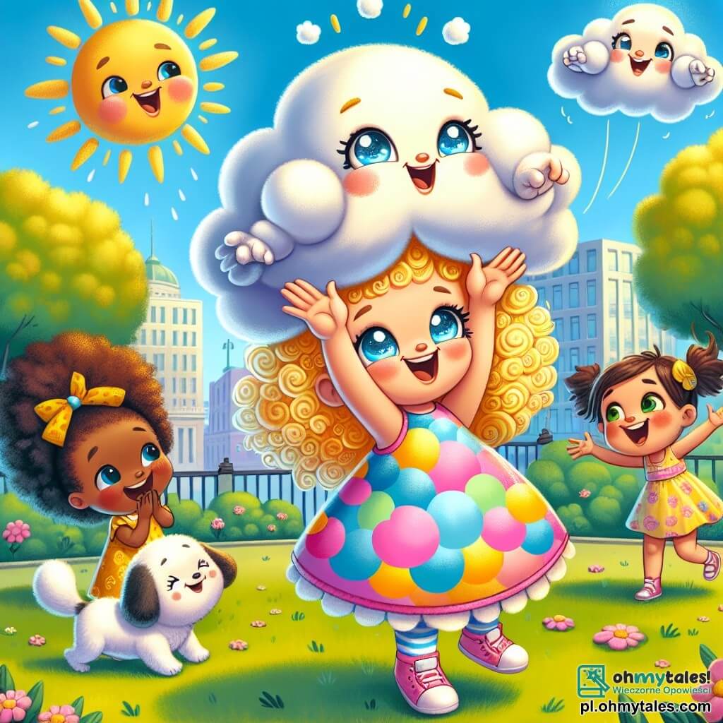 Ilustracja przedstawiająca kolorowy i słoneczny park, wypełniony śmiechem dzieci i zabawą. W centrum młoda dziewczynka z kręconymi blond włosami, nosząca pluszowego chmurka jako pelerynę, unosi ręce z szerokim uśmiechem, otoczona małymi szeptankami. Ma radosną twarz, błyszczące oczy pełne psot i kolorową sukienkę ozdobioną wzorami chmur. Obok niej stoi mała dziewczynka w wieku około sześciu lat, z brązowymi włosami i różową sukienką, która z zachwytem patrzy na chmurkę unoszącą się nad nią, zastępującą jej balon. W tle dzieci śmieją się i bawią, podczas gdy mały piesek z kręconą sierścią, zamieniony w chmurkę, radośnie biega. Scena emanuje atmosferą radości i magii, ilustrując komiczny urok przemiany w chmurkę.
