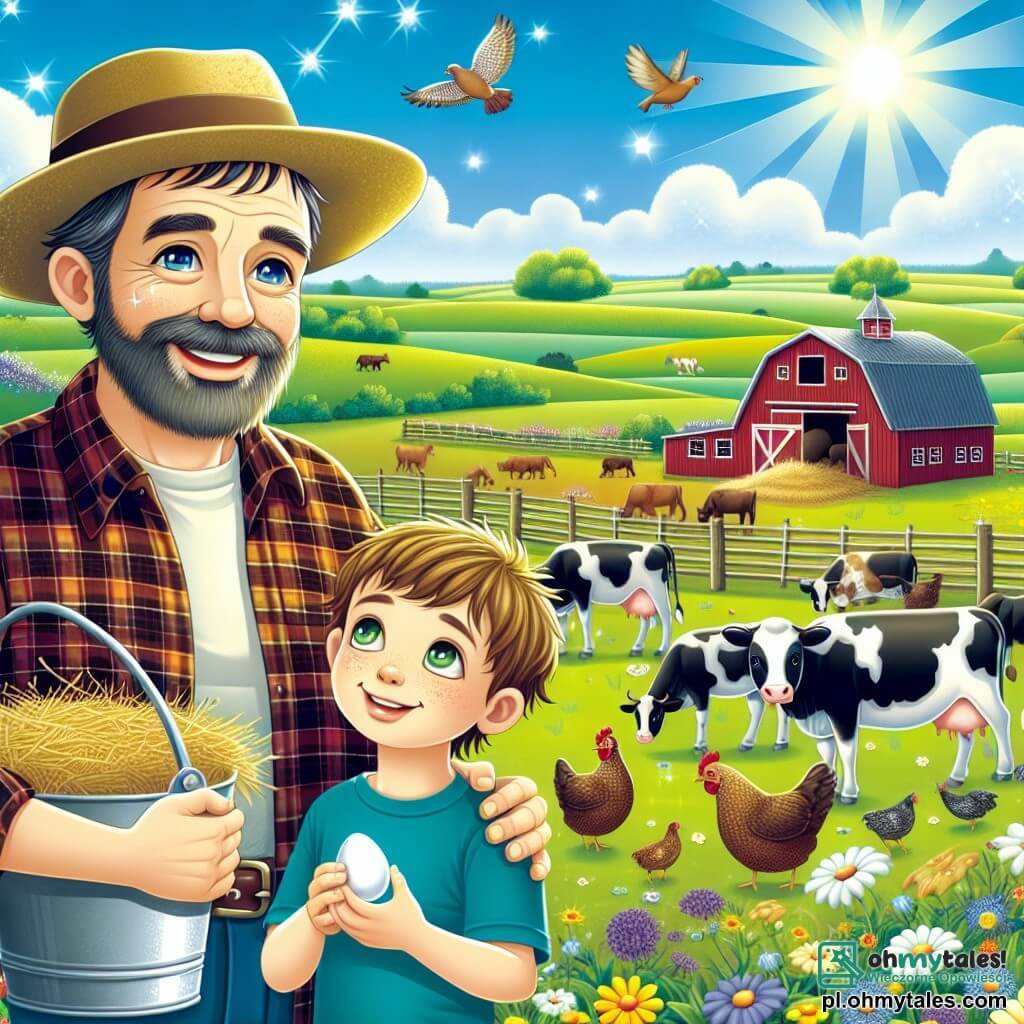 Ilustracja przedstawiająca słoneczną farmę, z zielonymi polami sięgającymi horyzontu, kolorowymi kwiatami rozsianymi tu i tam oraz tradycyjną czerwoną stodołą w tle. Na pierwszym planie mężczyzna w średnim wieku, z brązową brodą i błyszczącymi oczami, nosi koszulę w kratę i słomkowy kapelusz. Uśmiecha się radośnie, trzymając wiadro pełne siana, gotowy, by nakarmić swoje zwierzęta. Obok niego stoi chłopiec w wieku około ośmiu lat, z rozczochranymi blond włosami i niebieską koszulką, który z zachwytem obserwuje krowy w zagrodzie, trzymając świeże jajko w małych dłoniach. Scena emanuje atmosferą szczęścia i przyjaźni, z ptakami śpiewającymi na niebieskim niebie i motylami fruwającymi wokół kwiatów. Kury dziobią ziemię w pobliżu, dodając życia temu pięknemu dniu na farmie.