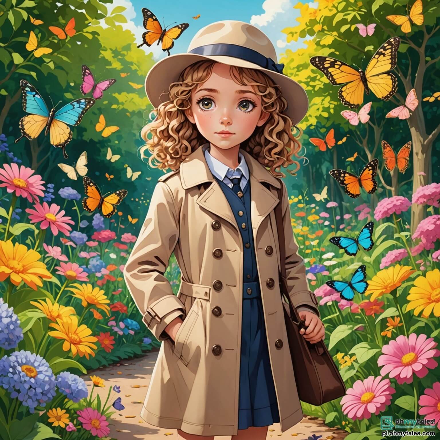 Une illustration destinée aux enfants représentant une jeune fille aux yeux pétillants et aux cheveux bouclés, vêtue d'un trench-coat beige et d'un chapeau de détective, se tenant fièrement au milieu d'un jardin coloré rempli de fleurs éclatantes et de papillons virevoltants, tandis qu'elle scrute attentivement le sol à la recherche d'indices sur la mystérieuse disparition des poupées de sa meilleure amie, une petite fille aux tresses dorées et au sourire lumineux, qui l'observe avec une lueur d'espoir dans ses yeux, le tout se déroulant dans un charmant petit village aux maisons en bois peintes de couleurs pastel, où les ruelles pavées serpentent entre des haies soigneusement taillées et des arbres fruitiers chargés de promesses.