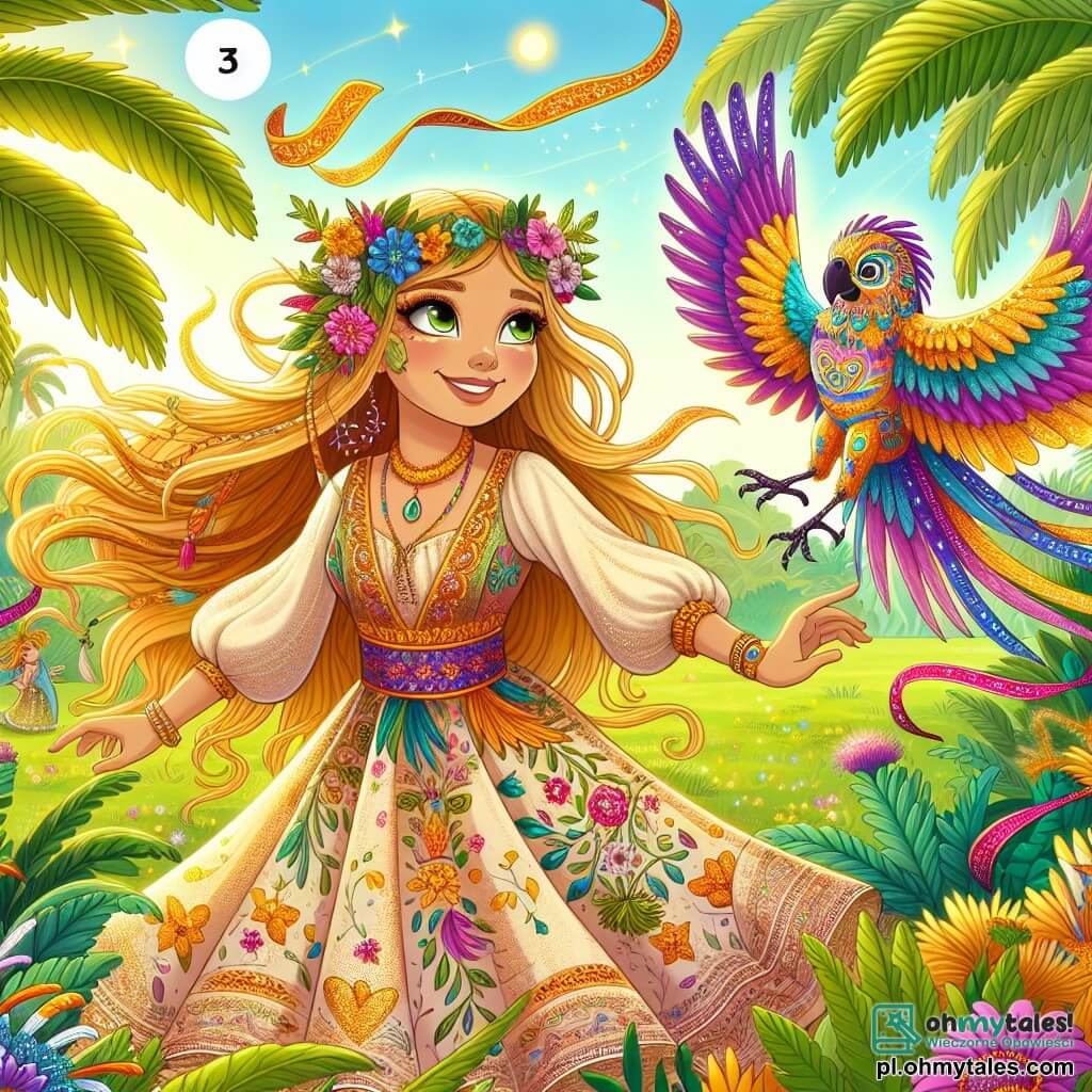 Une illustration sous forme de dessin destinée aux enfants représentant un gage verdoyant baigné par la lumière dorée du soleil, où une jeune femme aux longs cheveux dorés et aux yeux brillants, vêtue d'une robe légère ornée de motifs floraux, danse joyeusement au milieu de palmiers colorés, tandis qu'un magnifique oiseau aux plumes dorées et pourpres, flottant dans les airs, l'observe avec bienveillance, et des joyeuses têtes de mort aux couleurs vives, ornées de rubans, dansent autour d'elle, créant une atmosphère magique et festive, symbolisant la découverte de la magie et de la joie dans cette aventure mythique.