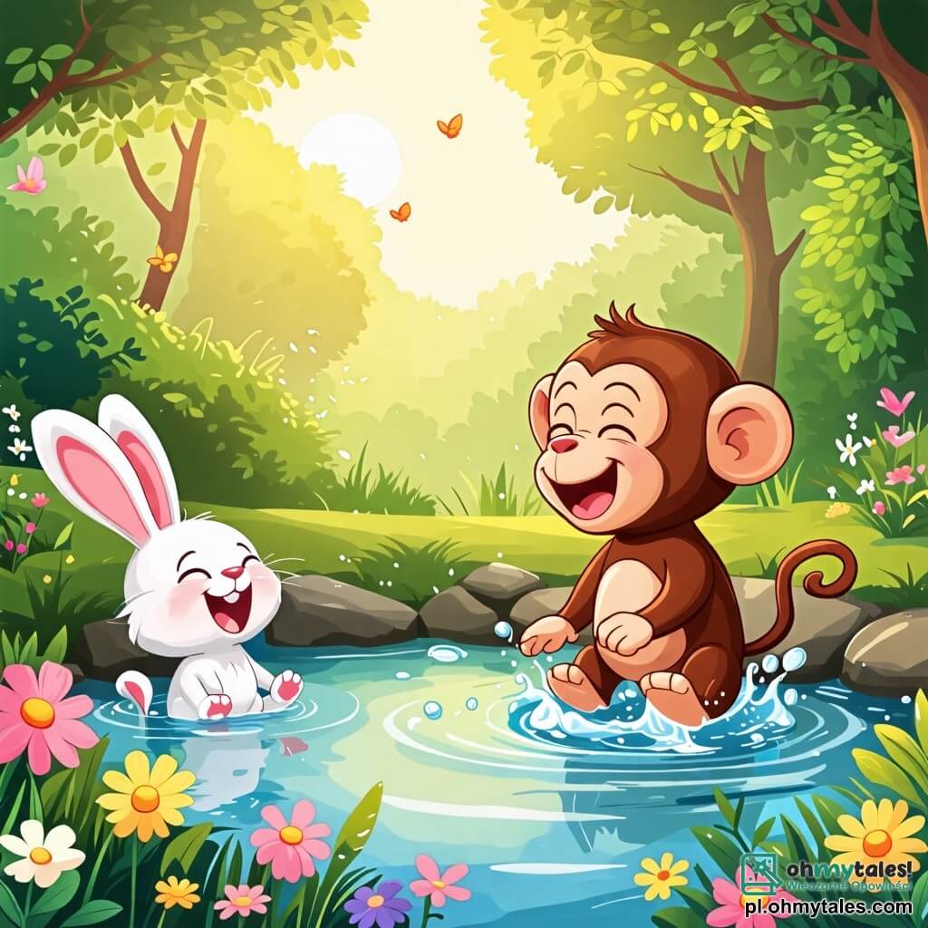 Une illustration sous forme de dessin destinée aux enfants représentant une scène joyeuse au bord d'un étang ensoleillé, où un petit singe aux poils bruns et aux grands yeux malicieux, en train de rire tout en éclaboussant l'eau, est tombé dans le stang, tandis qu'un adorable lapin aux longues oreilles et au pelage blanc, se tient sur la berge, riant aux éclats et observant son ami avec amusement, entourés de fleurs colorées et d'arbres verdoyants, capturant l'esprit de camaraderie et de joie de leur aventure ludique.