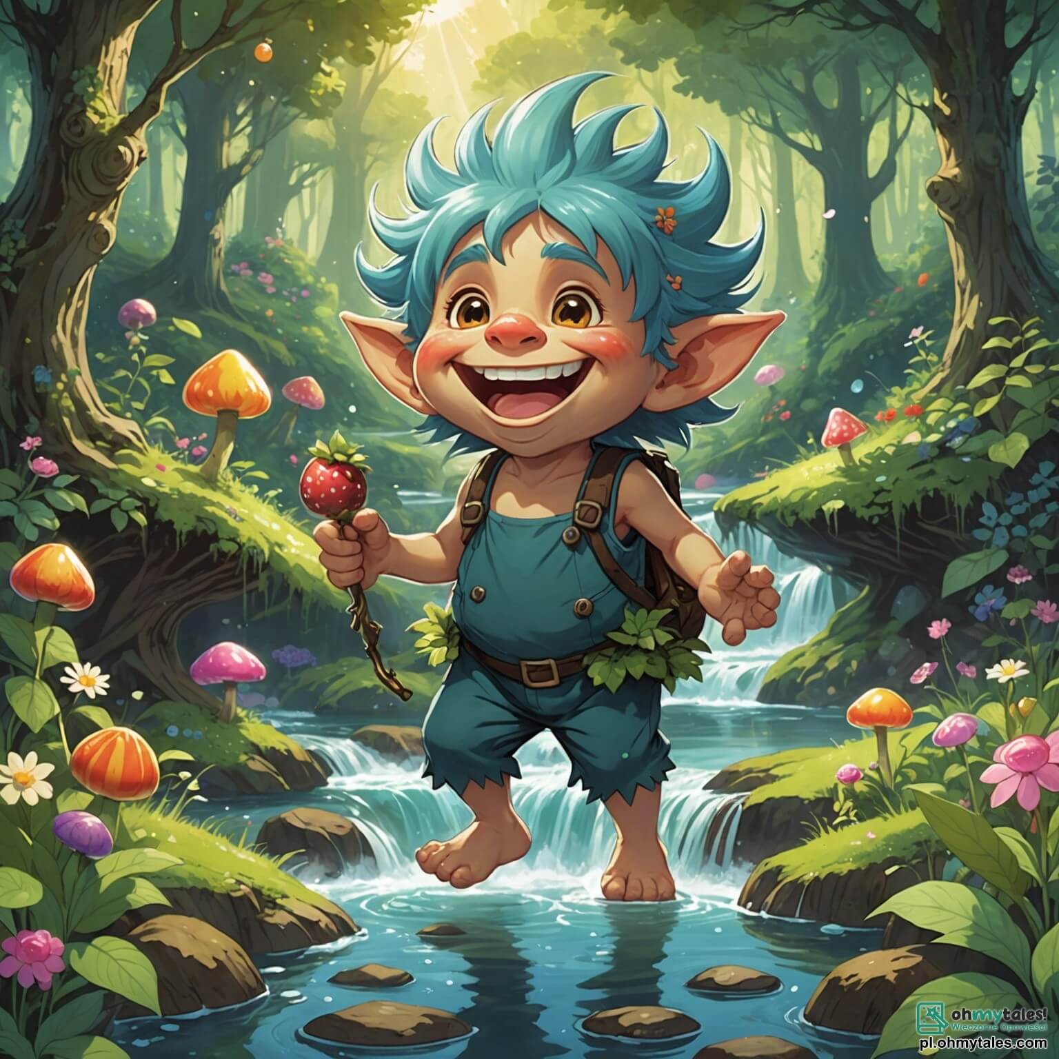 Une illustration destinée aux enfants représentant un petit troll aux cheveux en forme de nuages multicolores, avec un grand sourire espiègle, se tenant au bord d'un ruisseau scintillant dans une forêt enchantée où les arbres portent des fruits en forme de bonbons et les fleurs dansent au rythme du vent, tandis qu'une trollette aux oreilles pointues, pleine de malice, l'observe en riant derrière un buisson de fraises géantes, alors qu'ils cherchent ensemble à retrouver un trésor de bonbons volé par un farceur mystérieux.