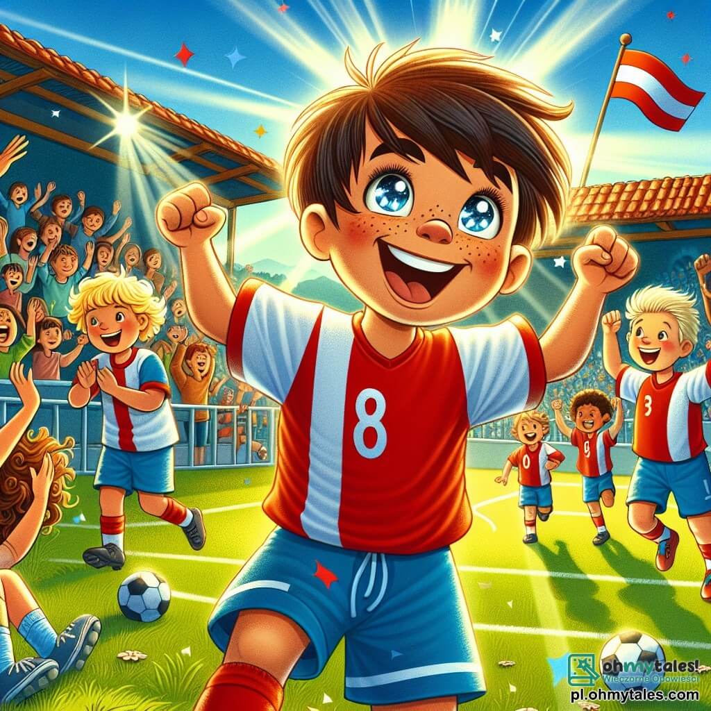 Une illustration sous forme de dessin destinée aux enfants représentant un vibrant terrain de football ensoleillé à Radosna Dolina, avec un jeune garçon aux cheveux bruns et aux yeux pétillants, vêtu d'un maillot rouge et de shorts bleus, en train de célébrer joyeusement après avoir marqué un but, entouré de ses amis, un autre garçon aux cheveux blonds et un garçon aux cheveux noirs, tous deux souriants et applaudissant, tandis qu'en arrière-plan, des spectateurs enthousiastes, dont une fille aux cheveux longs et bouclés, agitent des drapeaux et encouragent leur équipe, capturant l'excitation et la camaraderie du moment.