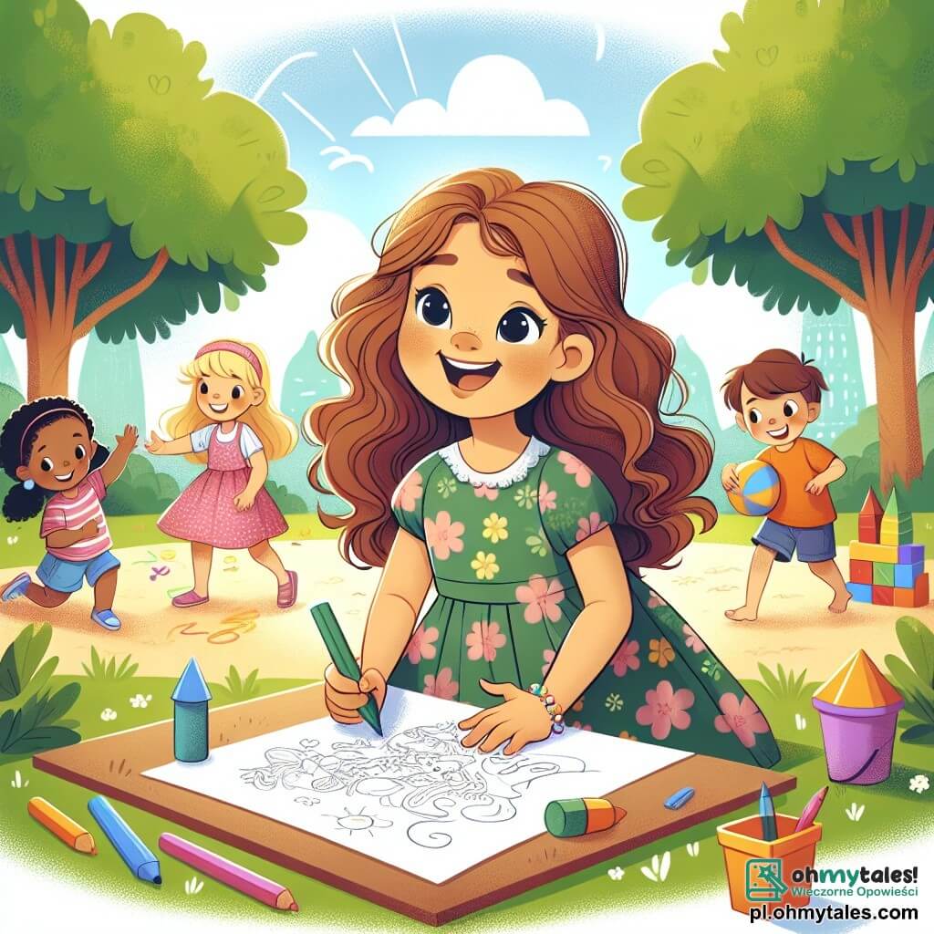Une illustration sous forme de dessin destinée aux enfants représentant un parc ensoleillé avec de grands arbres verdoyants et une aire de jeux colorée, où une fille de 5 ans aux longs cheveux bouclés et portant une robe à fleurs s'amuse à dessiner sur une grande feuille de papier, entourée de plusieurs enfants, dont un garçon aux cheveux bruns qui joue au ballon et une fille aux cheveux blonds qui construit un château de sable, illustrant ainsi la joie de jouer à l'extérieur et de créer des souvenirs sans écran.