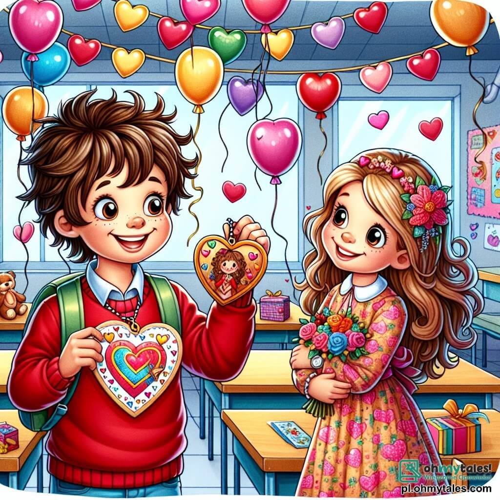 Une illustration sous forme de dessin destinée aux enfants représentant une salle de classe colorée décorée de cœurs et de ballons pour la Saint-Valentin, avec un garçon de 11 ans aux cheveux bouclés et en désordre, souriant et tenant une carte colorée et un petit pendentif en bois en forme de cœur, tandis qu'une fille aux cheveux longs et lisses, portant une robe à fleurs, l'observe avec des yeux brillants d'excitation, alors qu'ils partagent ensemble un moment de joie en préparant des surprises pour leurs amis.