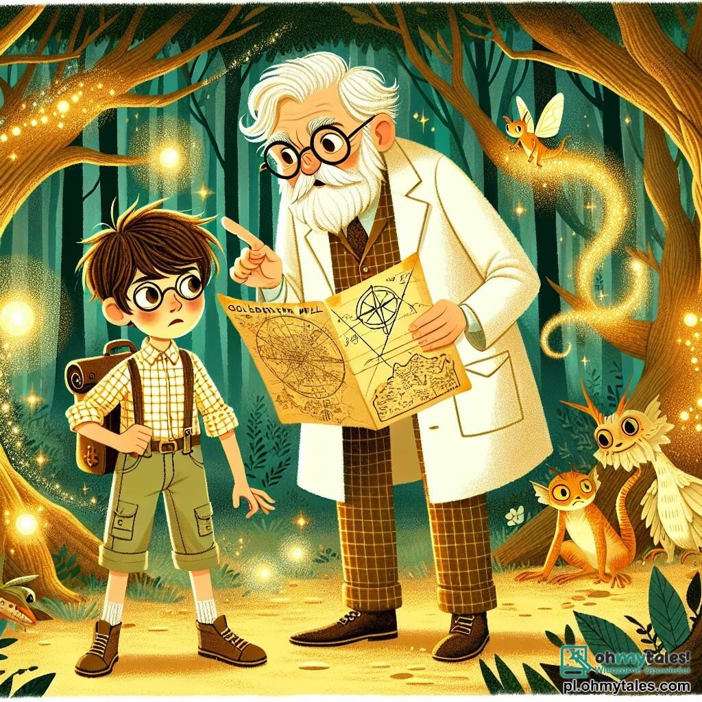 Une illustration sous forme de dessin destinée aux enfants représentant une scène magique dans une forêt enchantée, où un jeune garçon aux cheveux bruns et aux yeux pétillants, vêtu d'une chemise à carreaux et d'un pantalon en toile, examine une carte ancienne avec un air déterminé, tandis qu'à ses côtés se tient un homme âgé aux lunettes rondes et à la barbe blanche, vêtu d'un manteau de scientifique, qui pointe du doigt un symbole mystérieux sur la carte, tous deux prêts à affronter les mystères du Złote Wzgórze, entourés de lumière dorée émanant des arbres et de créatures fantastiques qui les observent avec curiosité.