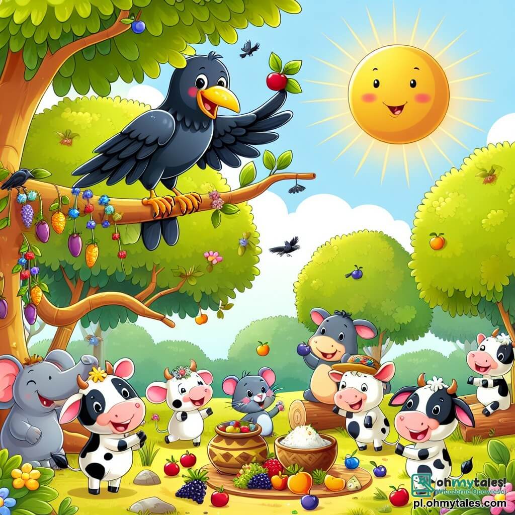 Une illustration sous forme de dessin destinée aux enfants représentant une clairière ensoleillée, entourée d'arbres aux feuilles verdoyantes, où un corbeau aux plumes noires et brillantes se tient sur une branche, souriant et tenant un morceau de nourriture dans son bec, tandis qu'en dessous, une joyeuse bande d'animaux, comprenant une vachette aux taches blanches et noires, une petite souris grise et une vache brune, s'affairent à préparer une grande fête, avec des fruits colorés étalés sur le sol et des guirlandes de fleurs accrochées aux branches, illustrant l'esprit de camaraderie et de partage qui règne dans cette scène festive.