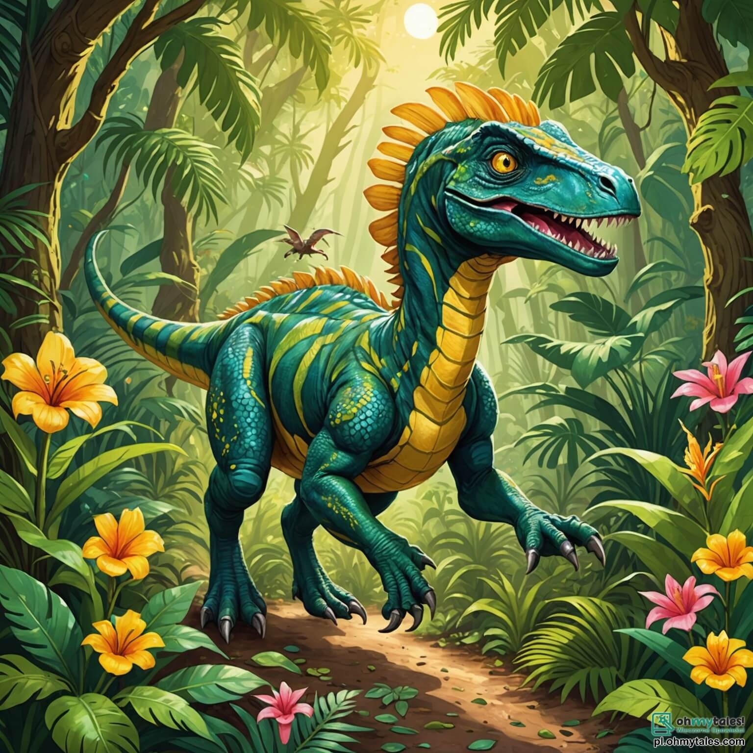 Une illustration destinée aux enfants représentant un vélociraptor aux écailles vertes scintillantes, aux yeux jaunes pétillants de curiosité, courant avec agilité à travers une densa jungle tropicale où les rayons du soleil filtrent à travers le feuillage luxuriant, illuminant des fleurs éclatantes de couleurs vives et des lianes enchevêtrées, tandis qu'il est accompagné de son meilleur ami, un triceratops aux trois cornes majestueuses, et d'un petit stegozaur plein d'énergie, tous trois en quête d'un mystérieux lac aux eaux cristallines où ils espèrent découvrir des merveilles et vivre des aventures inoubliables.