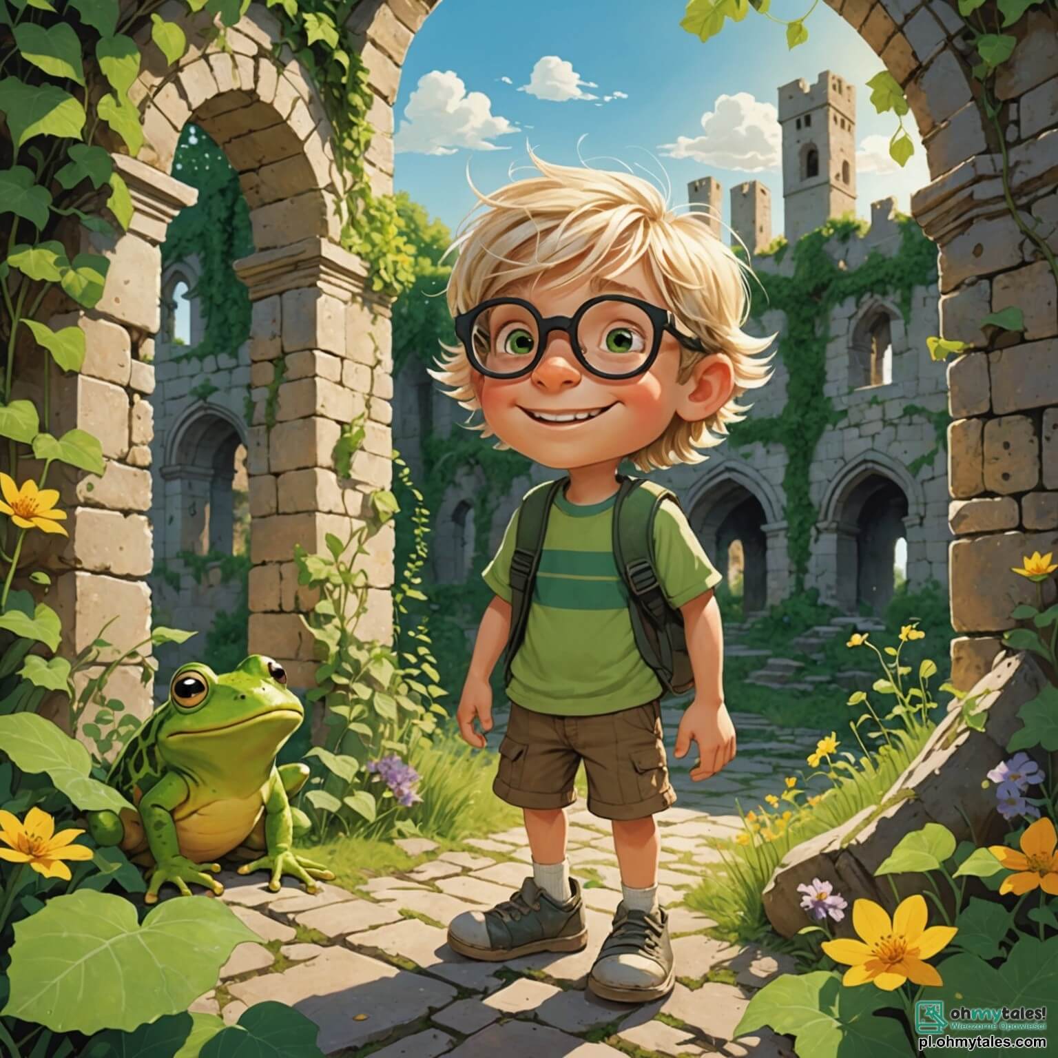 Une illustration destinée aux enfants représentant un garçon aux cheveux en bataille couleur soleil, portant des lunettes rondes et un sourire espiègle, se tenant au milieu des ruines d'un ancien château aux murs couverts de lierre et de fleurs sauvages, où des rayons de lumière filtrent à travers les fissures du plafond, tandis qu'une grande grenouille verte, aux yeux pétillants de malice, l'observe avec curiosité, et où des éclats de rire d'enfants résonnent alors qu'ils s'amusent à créer des sorts farfelus, transformant des objets du quotidien en créatures fantastiques, le tout dans un cadre enchanteur où la magie et l'humour se mêlent dans une atmosphère joyeuse et colorée.