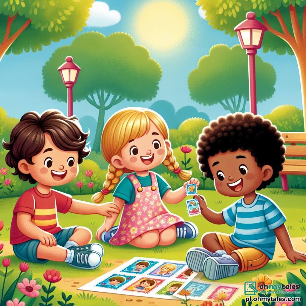 Une illustration sous forme de dessin destinée aux enfants représentant un parc ensoleillé avec des arbres verdoyants et des fleurs colorées, où un garçon de 7 ans aux cheveux bruns et bouclés, souriant et vêtu d'un t-shirt rouge, est assis sur l'herbe en train d'échanger des timbres avec une fille de 6 ans aux cheveux blonds tressés, portant une robe à fleurs, tandis qu'un garçon de 8 ans aux cheveux châtains et courts, vêtu d'un t-shirt bleu, les regarde avec enthousiasme, illustrant ainsi la joie de l'amitié et le partage.