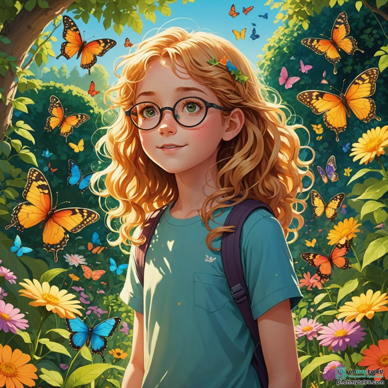 Une illustration destinée aux enfants représentant une fillette de 10 ans aux cheveux bouclés et dorés comme les rayons du soleil, les yeux pétillants de curiosité, se tenant dans un jardin luxuriant rempli de fleurs colorées et de papillons virevoltant autour d'elle, tandis qu'elle découvre un petit secret caché sous un buisson, entourée de ses amis, un garçon espiègle aux lunettes rondes et une autre fille aux tresses, tous deux impatients de l'aider à résoudre le mystère d'un mensonge qui a semé la confusion dans leur joyeuse bande, le tout se déroulant dans ce coin enchanté de nature où les rires résonnent et où les arbres majestueux offrent une ombre bienveillante.