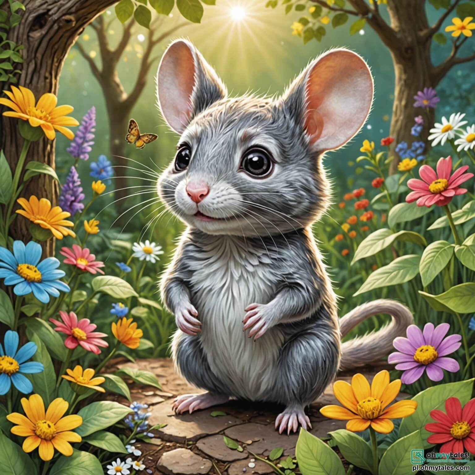 Une illustration destinée aux enfants représentant un petit rat au pelage argenté, aux yeux pétillants de curiosité, se faufilant avec agilité à travers un vaste et enchanteur jardin, où les fleurs colorées dansent sous la brise légère et où les rayons du soleil filtrent à travers les feuillages des arbres majestueux, tandis qu'il rêve de découvrir un trésor caché, accompagné de son meilleur ami, un joyeux lapin aux grandes oreilles, et d'une sage chouette perchée sur une branche, tous trois unis dans une quête palpitante au cœur de ce paysage verdoyant et vibrant de vie.