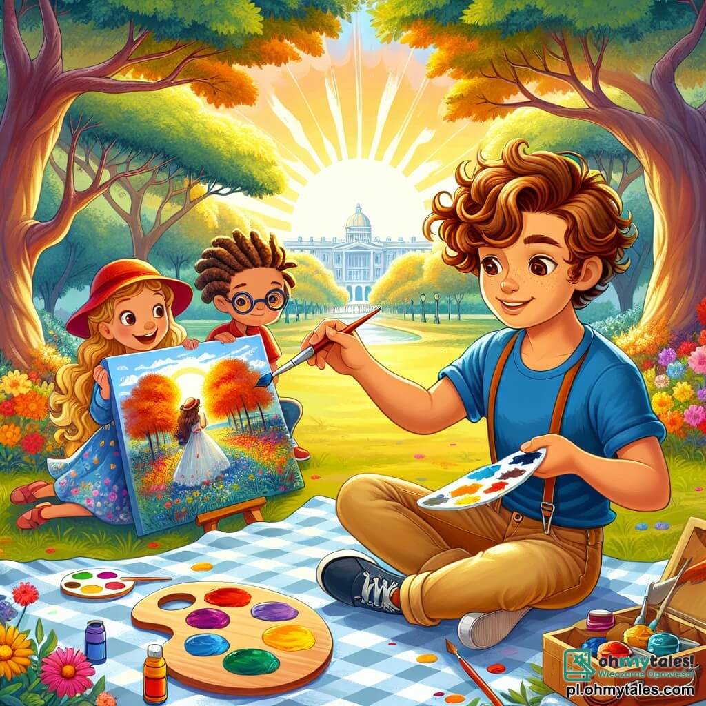 Ilustracja przedstawiająca urokliwy słoneczny park, wypełniony żywymi kolorami. Drzewa są majestatyczne, ich liście tańczą na wietrze, a na ziemi rozsiane są kolorowe kwiaty. W centrum młody mężczyzna z brązowymi, kręconymi włosami, ubrany w niebieski t-shirt i beżowe spodnie, siedzi na kocie w kratę. Trzyma pędzel w jednej ręce i paletę z jaskrawymi kolorami w drugiej, skupiony na swoim obrazie. Obok niego dwoje dzieci, chłopiec w wieku około 7 lat w okularach i czerwonej czapce oraz dziewczynka w wieku około 6 lat z warkoczami i żółtą sukienką, obserwują go z zachwytem. Chłopiec wskazuje na obraz, podczas gdy dziewczynka uśmiecha się, a jej oczy błyszczą z ekscytacji. Główna scena pokazuje młodego mężczyznę malującego piękny krajobraz parku, uchwycając radość i piękno chwili. Wokół niego widać kolorowe plamy farby, dodające ilustracji zabawnego charakteru. Niebo jest jasnoniebieskie, a kilka białych chmur delikatnie unosi się, tworząc radosną i twórczą atmosferę.