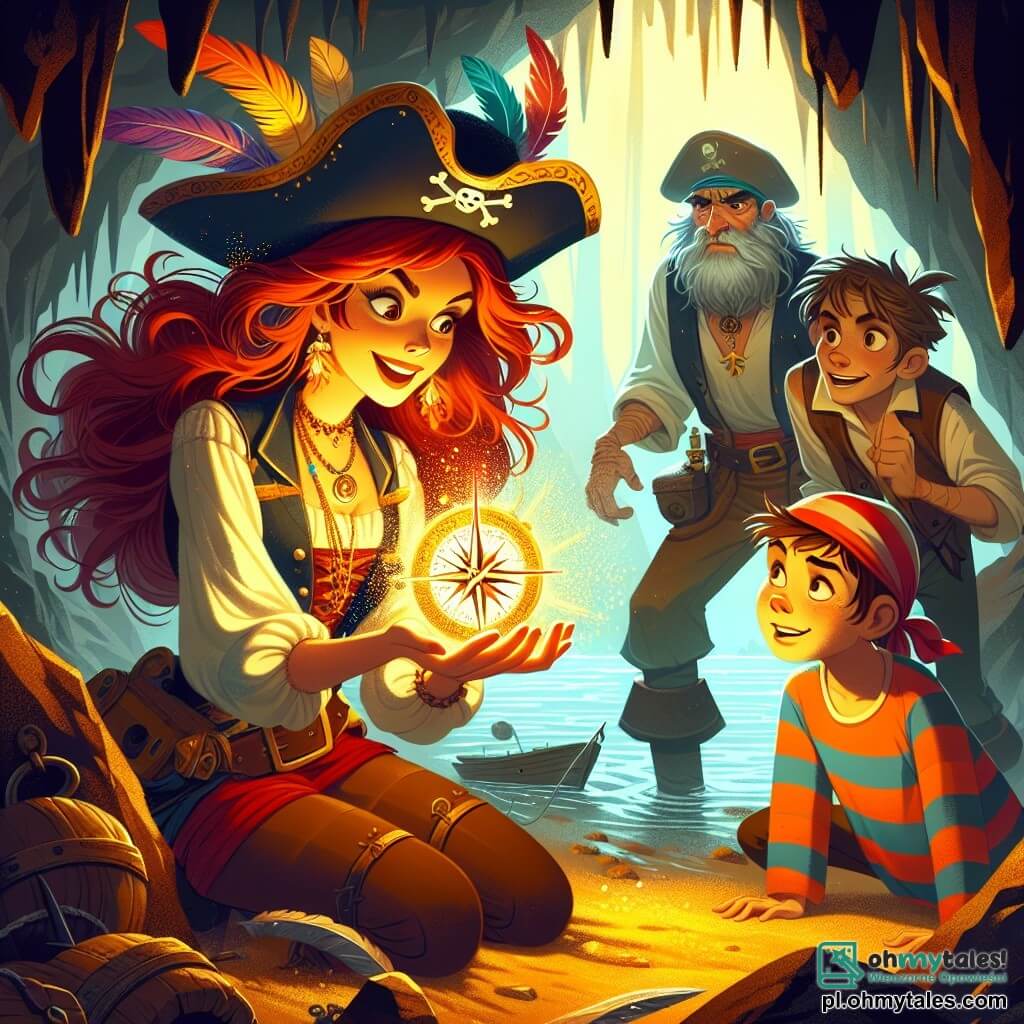 Une illustration sous forme de dessin destinée aux enfants représentant une scène vibrante dans la joute d'une jaskinia sombre et mystérieuse, où une courageuse femme pirate aux cheveux longs et ébouriffés, portant un chapeau de pirate orné de plumes colorées, brandit un ancien compas scintillant, tandis qu'un jeune garçon à la peau bronzée et au sourire malicieux, vêtu d'une chemise rayée, observe avec émerveillement, et un vieux marin à la barbe grise, portant un bandana, se tient en arrière-plan, prêt à donner des conseils, alors qu'ils affrontent le redoutable Kapitan Kruk, un homme musclé avec une cicatrice sur le visage, qui s'approche d'eux avec une expression menaçante, le tout baigné dans une lumière dorée qui filtre à travers les fissures de la roche, ajoutant une atmosphère d'aventure et de mystère.
