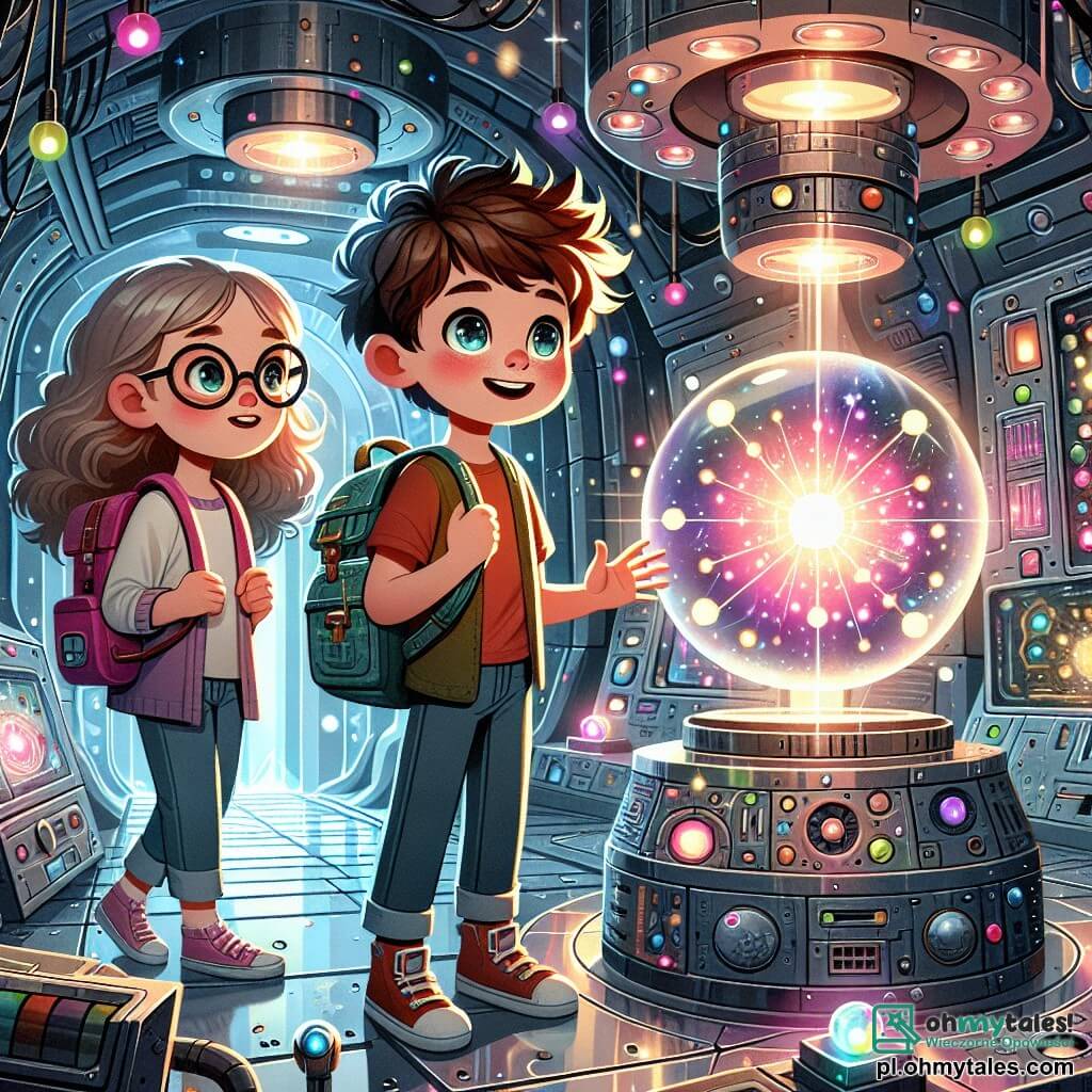 Une illustration sous forme de dessin destinée aux enfants représentant l'intérieur d'une station spatiale futuriste, avec des murs en métal brillant et des lumières colorées, où un garçon de 9 ans aux cheveux bouclés et aux yeux pétillants explore une mystérieuse salle remplie de machines anciennes et d'une sphère lumineuse flottante, tandis qu'une fille de 10 ans aux cheveux longs et crépus, portant des lunettes et un sac à dos rempli de livres, l'observe avec curiosité, tous deux fascinés par la magie et la technologie qui les entourent, alors qu'ils découvrent ensemble un artefact ancien qui pourrait changer leur monde.