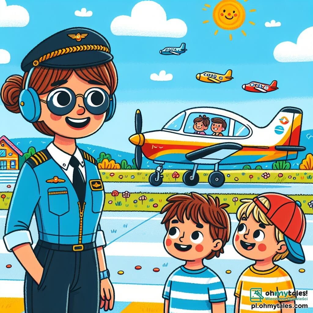 Une illustration sous forme de dessin destinée aux enfants représentant un petit aéroport ensoleillé avec des avions colorés sur le tarmac, où une femme pilote souriante aux cheveux bruns attachés en chignon, portant une combinaison de vol bleue et des lunettes de soleil, se tient à côté de son avion nommé "Błękitny Ptaszek", tandis que deux garçons aux cheveux blonds, l'un avec une casquette rouge et l'autre avec un t-shirt à rayures, regardent avec émerveillement et impatience, prêts à embarquer pour leur première aventure dans les cieux.