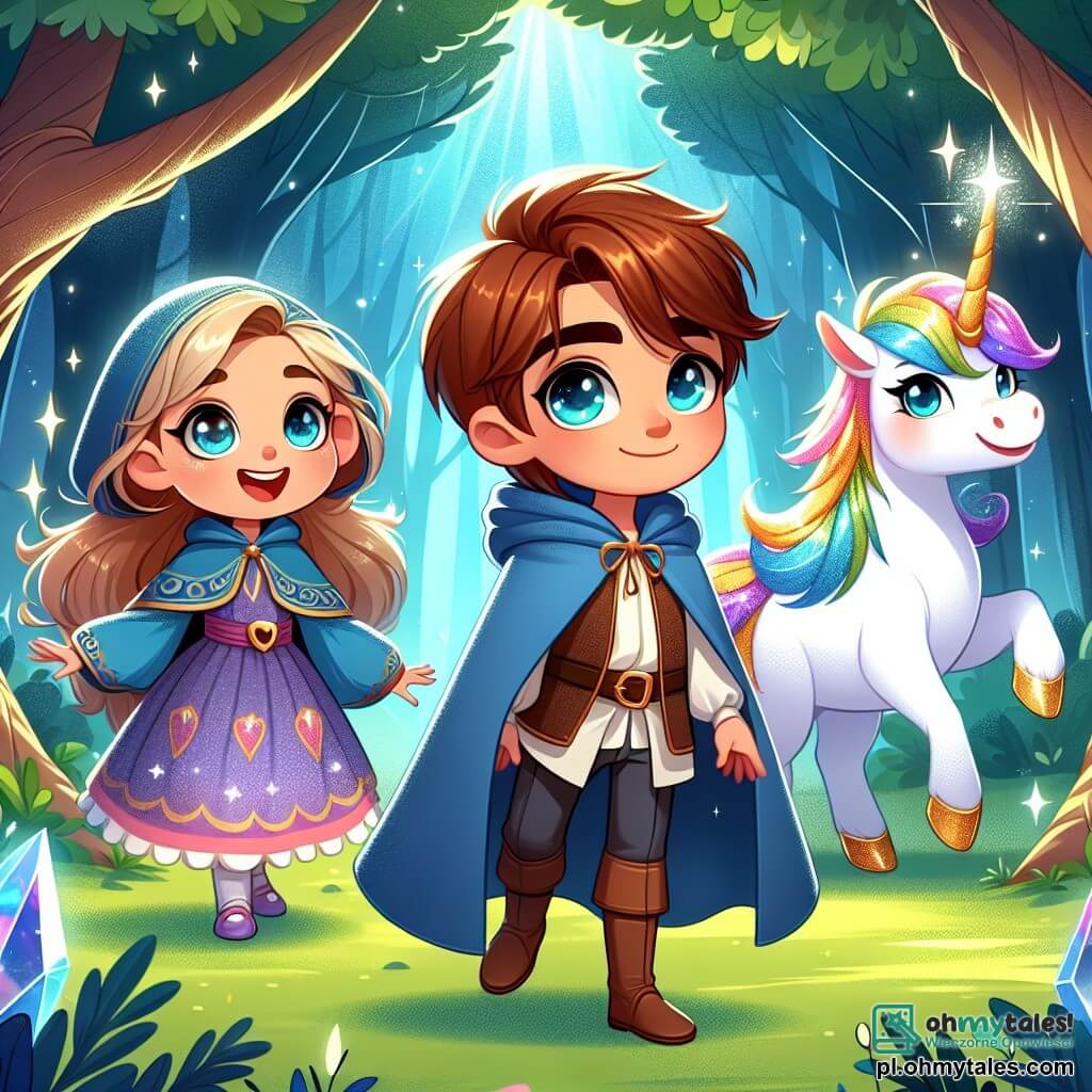 Une illustration sous forme de dessin destinée aux enfants représentant une clairière enchantée dans une forêt lumineuse, où un jeune homme courageux aux cheveux châtains et aux yeux pétillants, vêtu d'un manteau bleu, brandit un cristal magique scintillant, tandis qu'à ses côtés, une jeune fille aux cheveux blonds et aux vêtements colorés, souriante et pleine d'énergie, observe avec émerveillement un majestueux unicorn aux poils blancs et au corne dorée, tous ensemble prêts à affronter un sorcier maléfique qui menace leur royaume.