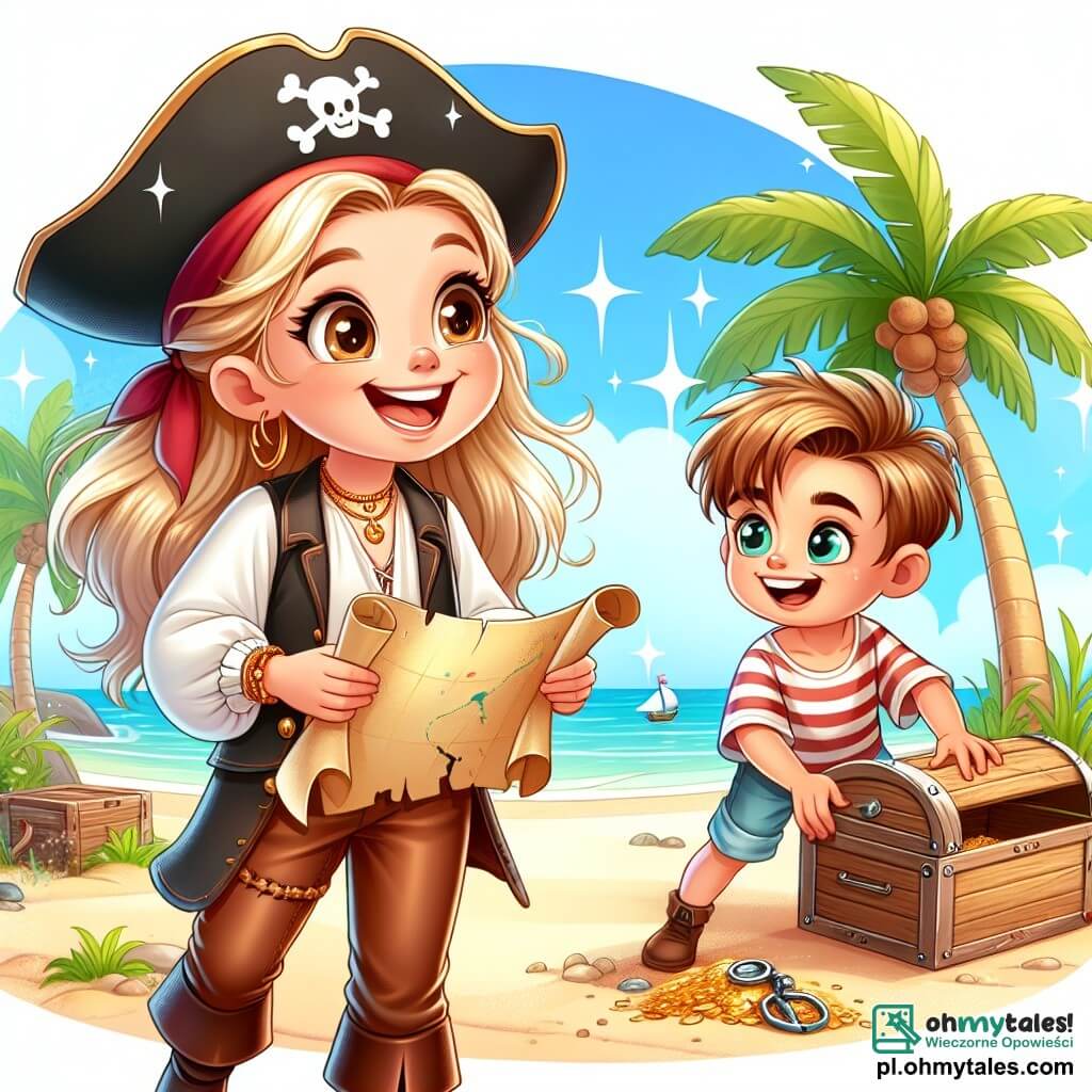 Une illustration sous forme de dessin destinée aux enfants représentant une île tropicale ensoleillée avec des palmiers et une plage de sable blanc, où une jeune femme pirate aux longs cheveux dorés, vêtue d'un pantalon en cuir et d'une chemise blanche, brandit une carte au trésor avec un grand sourire, tandis qu'un garçon au chapeau de pirate, avec des yeux pétillants et un foulard rouge, l'observe avec émerveillement, et un autre garçon musclé, portant une chemise rayée, s'active à déterrer une vieille caisse en bois, le tout dans une ambiance joyeuse et pleine d'aventure, illustrant leur quête pour trouver un trésor caché.