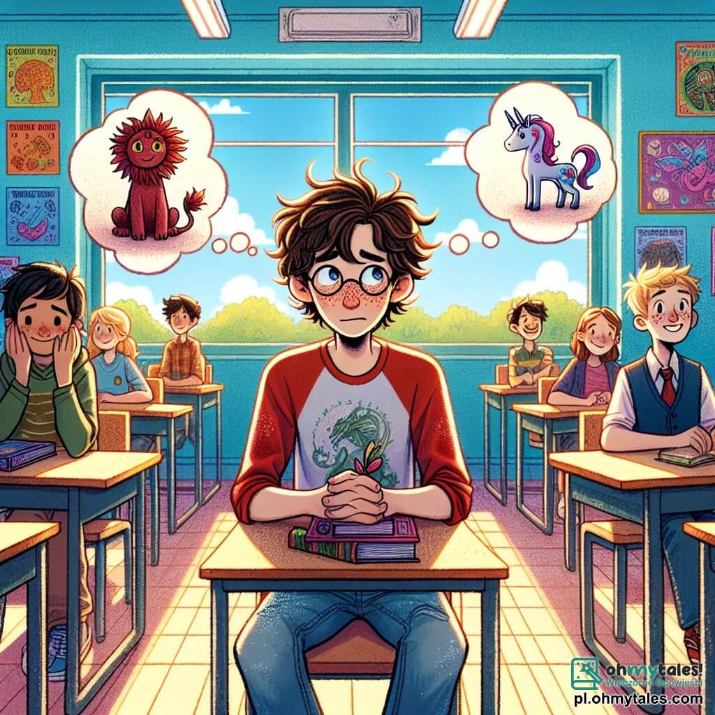 Ilustracja przedstawiająca scenę w jasnej klasie, z niebieskimi ścianami i oknami wpuszczającymi światło słoneczne. Kolorowe plakaty edukacyjne zdobią ściany, a drewniane biurka są ustawione w rzędach. Na pierwszym planie chłopiec w wieku 11 lat, z roztrzepanymi brązowymi włosami i okrągłymi okularami, siedzi przy swoim biurku. Ma na sobie czerwoną koszulkę i wyblakłe dżinsy. Jego wyraz twarzy jest jednocześnie niespokojny i zdeterminowany, trzyma w jednej ręce pluszowego smoka, a w drugiej pluszową jednorożca, symbolizując jego wahanie między prawdą a kłamstwem. Obok niego siedzi inny chłopiec w wieku 11 lat, z blond włosami i piegami, który z ciekawością na niego patrzy. Ma na sobie niebieski sweter i przyjazny uśmiech, gotowy wysłuchać swojego przyjaciela. Główna sytuacja pokazuje niespokojnego chłopca, który przygotowuje się do wyznania kłamstwa swojemu przyjacielowi, otoczonego atmosferą napięcia i przyjaźni. Nad ich głowami unoszą się dymki dialogowe, ilustrujące kluczowy moment, w którym musi wybrać między powiedzeniem prawdy a kontynuowaniem kłamstwa. W tle inni uczniowie, chłopcy i dziewczęta w różnym wieku, siedzą przy swoich biurkach, obserwując scenę z zainteresowaniem, tworząc atmosferę wsparcia i ciekawości.