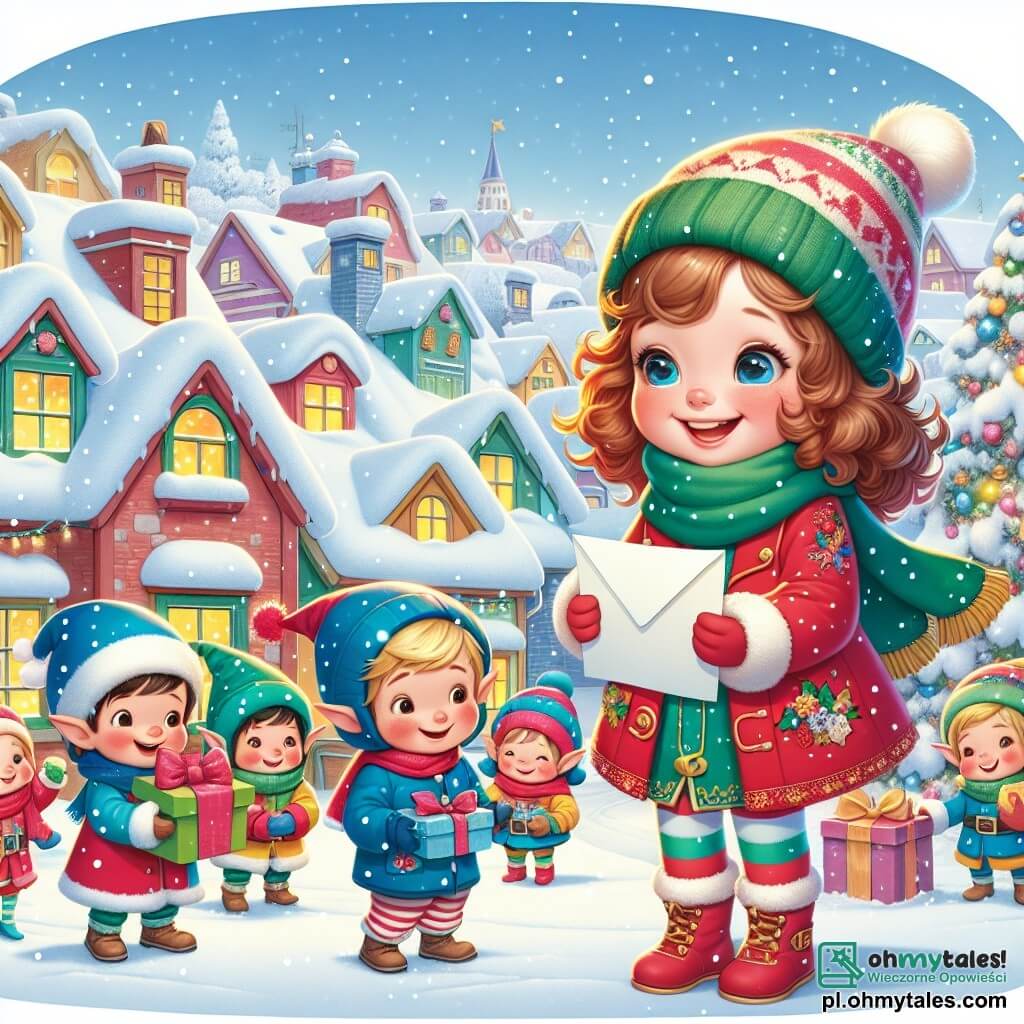 Une illustration sous forme de dessin destinée aux enfants représentant un charmant village enneigé, avec des maisons colorées aux toits recouverts de neige, où une fille de 7 ans aux cheveux bouclés et aux joues roses, vêtue d'un manteau rouge et d'une écharpe verte, s'illumine de joie en tenant une grande lettre colorée, tandis qu'à ses côtés, un garçon de son âge aux cheveux blonds et portant une combinaison de neige bleue, sourit en tenant une petite boîte à cadeaux, tous deux entourés d'elfes joyeux aux oreilles pointues, qui préparent des jouets scintillants pour Noël, illustrant ainsi la magie des préparatifs de la fête.