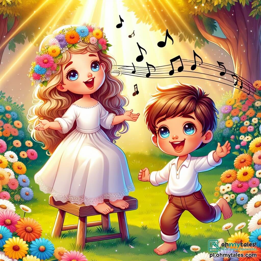 Une illustration sous forme de dessin destinée aux enfants représentant un jardin ensoleillé rempli de fleurs colorées, où une jeune femme aux cheveux longs et bouclés, vêtue d'une robe blanche, chante joyeusement sur un petit tabouret, tandis qu'un garçon aux yeux pétillants et aux cheveux châtains danse autour d'elle, tous deux rayonnants de bonheur, partageant un moment magique de création musicale ensemble, avec des notes de musique flottant dans l'air.