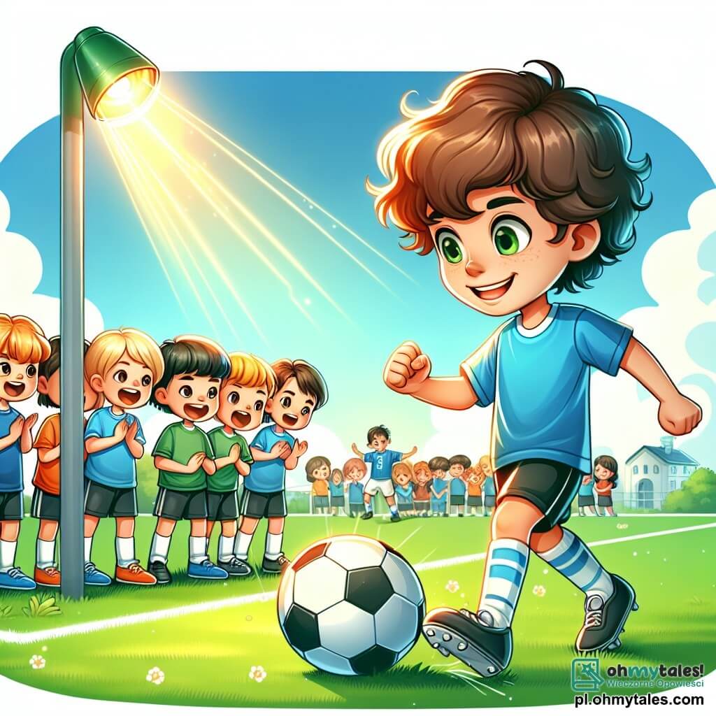 Une illustration sous forme de dessin destinée aux enfants représentant un terrain de football verdoyant ensoleillé, avec un jeune garçon aux cheveux bruns et bouclés, vêtu d'un maillot bleu et de shorts noirs, en train de dribbler habilement le ballon, tandis qu'un groupe d'enfants, garçons et filles, aux cheveux blonds et châtains, applaudissent et encouragent depuis le bord du terrain, capturant l'excitation d'un match amical où le garçon rêve de devenir un grand footballeur, entouré de couleurs vives et d'une atmosphère joyeuse.