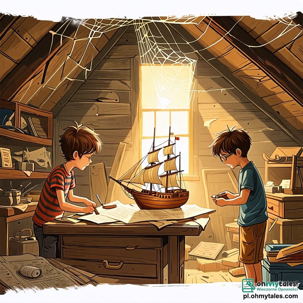 Ilustracja przedstawiająca stary, zakurzony strych, wypełniony zapomnianymi skarbami. Drewniane ściany pokryte są pajęczynami, a promienie światła wpadają przez małe okno, oświetlając stare przedmioty, takie jak mapy skarbów i model drewnianego statku. W centrum sceny znajduje się 12-letni chłopiec z rozczochranymi brązowymi włosami, ubrany w pasiasty t-shirt, pochylony nad drewnianym stołem, skoncentrowany na budowie małego statku powietrznego. Obok niego stoi inny 12-letni chłopiec z blond włosami i okularami, który z zachwytem obserwuje, trzymając narzędzie w ręku. Na koniec, 11-letnia dziewczynka z kręconymi włosami w kolorowej sukience uśmiecha się, trzymając starą mapę, gotowa, by zachęcić ich do przygody. Główna sytuacja pokazuje trójkę przyjaciół w trakcie tworzenia, otoczonych starymi przedmiotami, marzących o wielkich przygodach i odkryciach. Dymki dialogowe mogą wyrażać ich entuzjazm, a wokół nich mogą znajdować się gwiazdki i błyski światła, aby podkreślić magiczny aspekt ich wyobraźni.