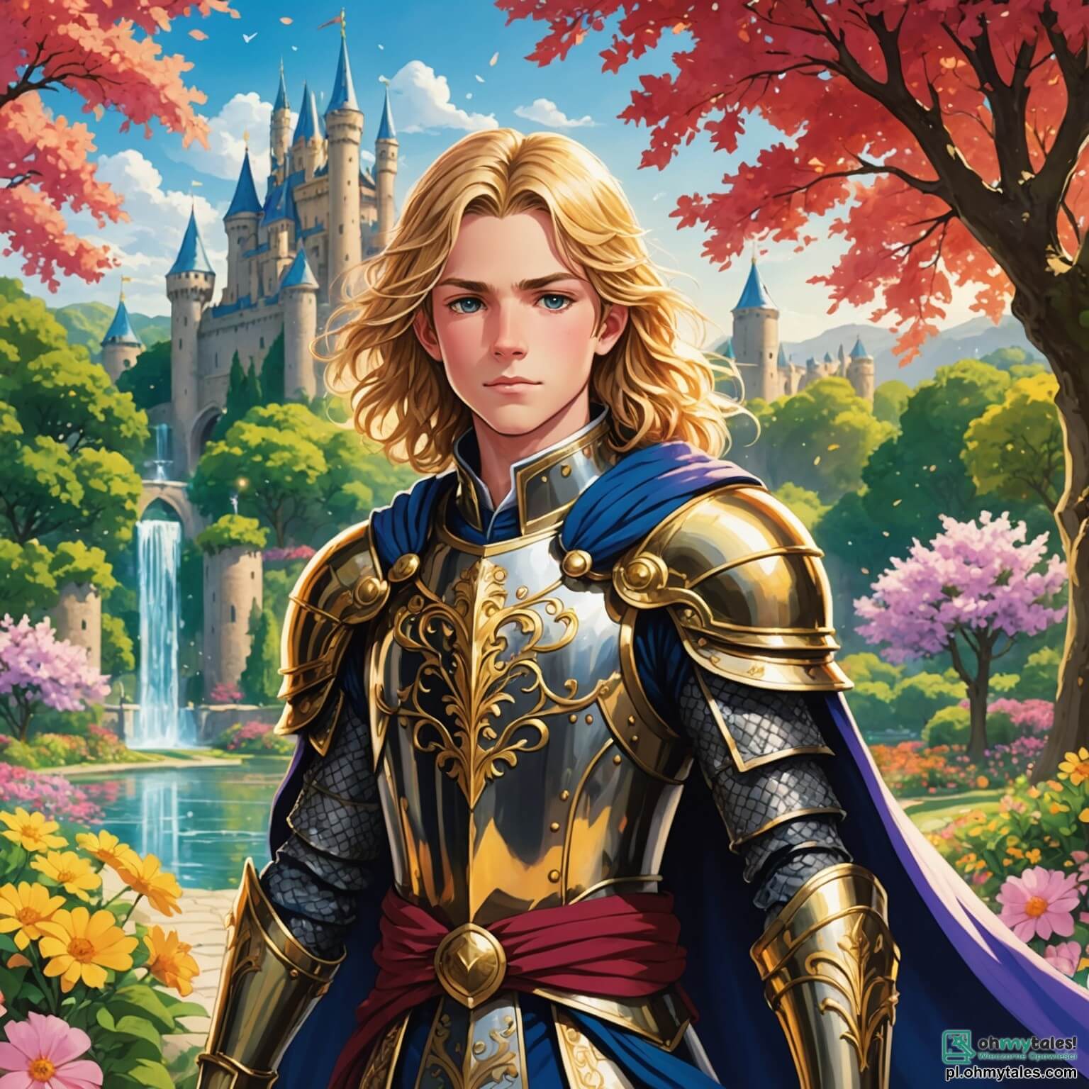 Une illustration destinée aux enfants représentant un prince au cœur d'un royaume éclatant de couleurs, où les tours scintillantes du château se dressent majestueusement au milieu de jardins luxuriants, parsemés de fleurs multicolores et de fontaines dansantes, tandis que ce jeune homme au regard déterminé, vêtu d'une armure étincelante et d'un manteau royal, se lance dans une quête audacieuse pour sauver une princesse courageuse, aux longs cheveux dorés et au sourire éclatant, retenue captive dans une sombre forêt enchantée, où des créatures mystérieuses et des arbres aux troncs tordus murmurent des secrets anciens, et où il sera aidé par une sage fée aux ailes iridescentes, qui veille sur lui avec bienveillance et lui offre des conseils magiques pour surmonter les épreuves qui l'attendent.