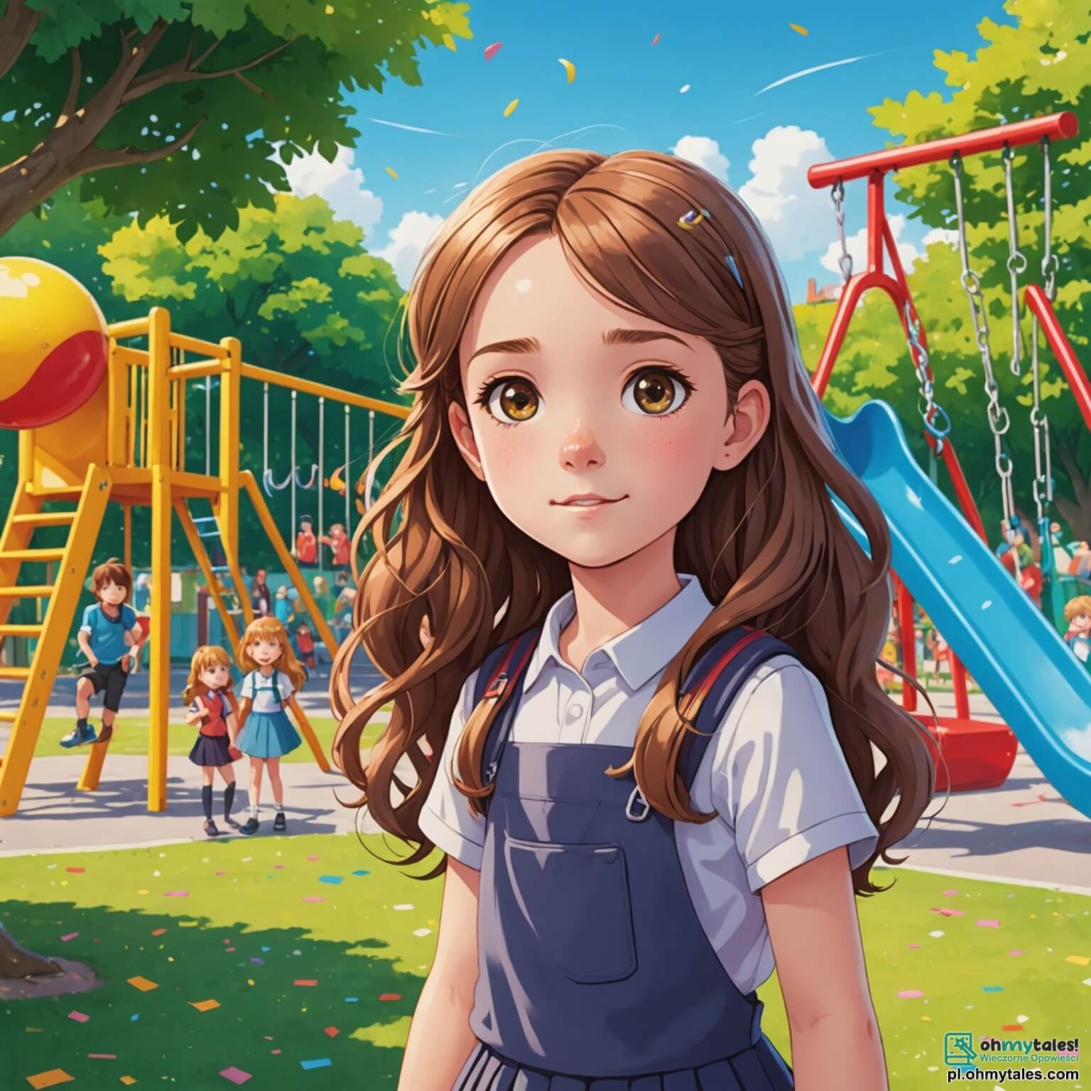 Une illustration destinée aux enfants représentant une petite fille aux longs cheveux bruns et aux yeux pétillants de curiosité, se tenant avec assurance au milieu d'une cour d'école colorée, entourée de balançoires et de toboggans, où elle fait face à un groupe de camarades de classe, dont un garçon blond aux yeux moqueurs et une autre fille aux cheveux crépus et à la peau dorée, alors qu'elle tente de défendre son amie récemment arrivée, qui est d'une beauté éclatante avec sa peau chocolat et ses boucles rebondissantes, contre les rires cruels de ceux qui ne comprennent pas que la vraie amitié transcende les différences, dans un décor vibrant de rires d'enfants et de jeux, où les fleurs multicolores bordent le chemin menant à l'entrée de l'école, symbole d'un monde où la diversité devrait être célébrée plutôt que rejetée.