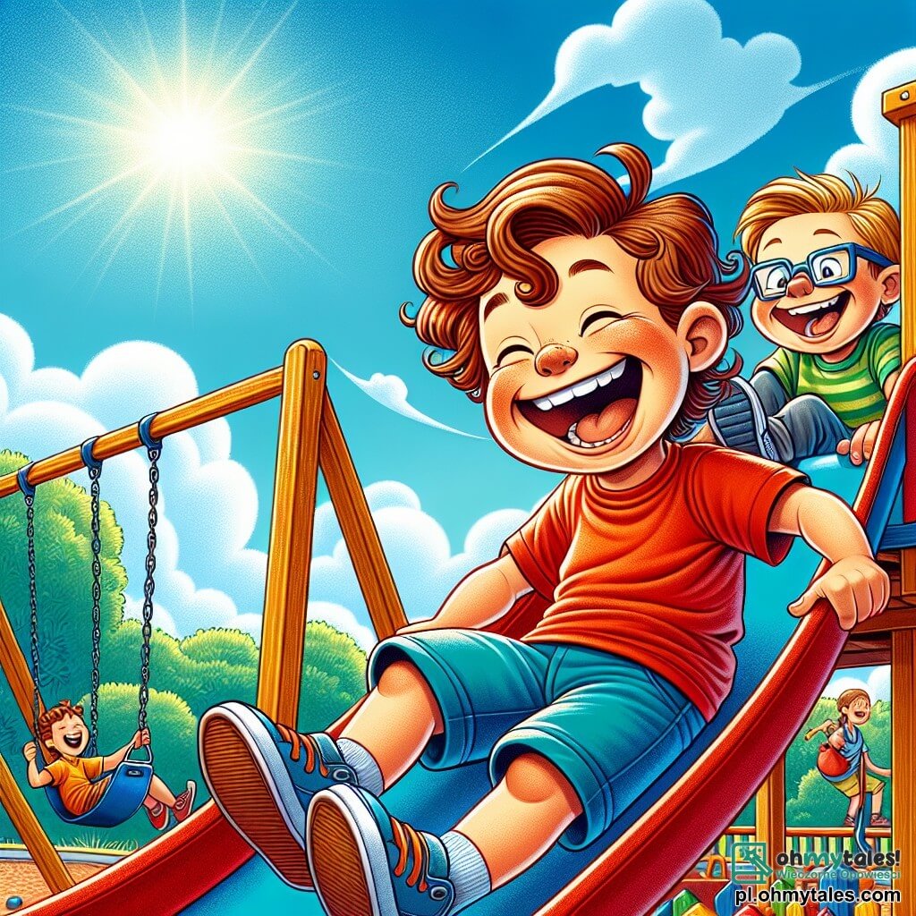 Une illustration sous forme de dessin destinée aux enfants représentant un coloré parc de jeux ensoleillé, avec un garçon de 5 ans aux cheveux châtains et bouclés, vêtu d'un t-shirt rouge et d'un short bleu, riant joyeusement en glissant sur une zippante zjeżdżalnia (toboggan), tandis qu'un autre garçon de 5 ans, avec des cheveux blonds et des lunettes, l'encourage depuis le bas, tous deux partageant un moment d'amitié et de bonheur, entourés de balançoires, de jeux en bois colorés et d'un ciel bleu parsemé de nuages blancs.