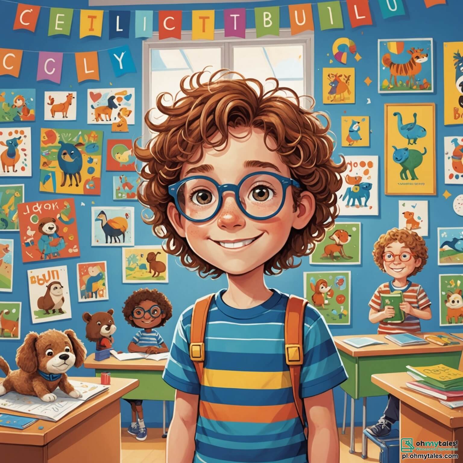 Une illustration destinée aux enfants représentant un garçon aux cheveux châtains et aux yeux pétillants, vêtu d'un t-shirt rayé et d'un short bleu, qui se tient joyeusement dans une salle de classe colorée, où les murs sont ornés de dessins d'animaux et de lettres colorées, entouré de ses amis, une fille aux cheveux longs et bouclés, souriante et pleine d'énergie, ainsi qu'un autre garçon aux lunettes rondes et à l'air studieux, alors qu'ils s'apprêtent à partager leurs créations artistiques sur une grande table en bois, où des feuilles de papier multicolores, des crayons et des feutres sont éparpillés, le tout baignant dans la lumière douce qui filtre à travers les grandes fenêtres, créant une atmosphère chaleureuse et accueillante, pleine de rires et de camaraderie.