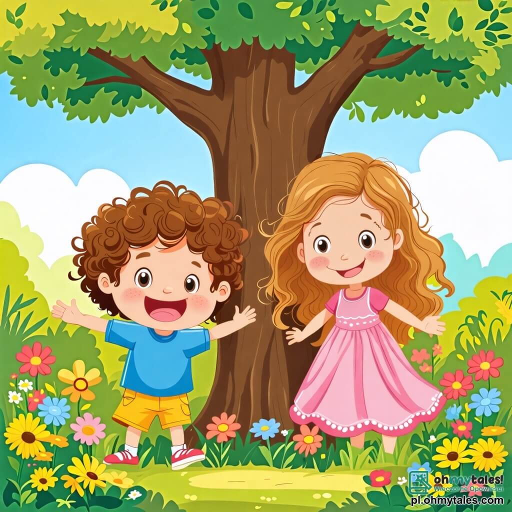 Une illustration sous forme de dessin destinée aux enfants représentant un jardin ensoleillé avec des fleurs colorées et un grand arbre, où un garçon de 2 ans aux cheveux bruns et bouclés, vêtu d'une t-shirt bleue et de shorts jaunes, sourit en jouant à cache-cache, tandis qu'une fille de 2 ans aux longs cheveux ondulés, portant une robe rose, se cache derrière le tronc de l'arbre, illustrant la joie de l'amitié et le plaisir du jeu en plein air.