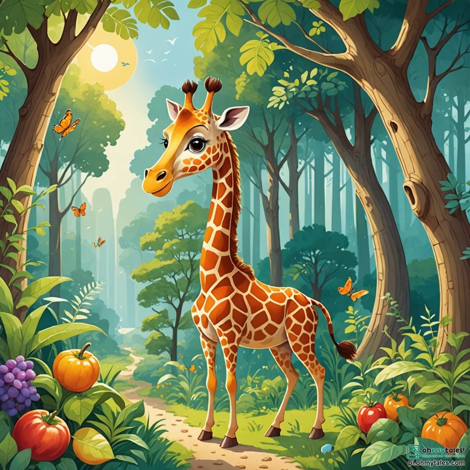 Une illustration destinée aux enfants représentant une girafe gracieuse, avec un long cou tacheté et des yeux pétillants de malice, se promenant joyeusement dans une forêt verdoyante, où les rayons du soleil filtrent à travers les feuilles des arbres majestueux, tandis qu'un petit lapin espiègle, aux grandes oreilles et à la fourrure douce, l'accompagne dans sa quête amusante de délicieux ingrédients pour préparer une sa salade colorée.