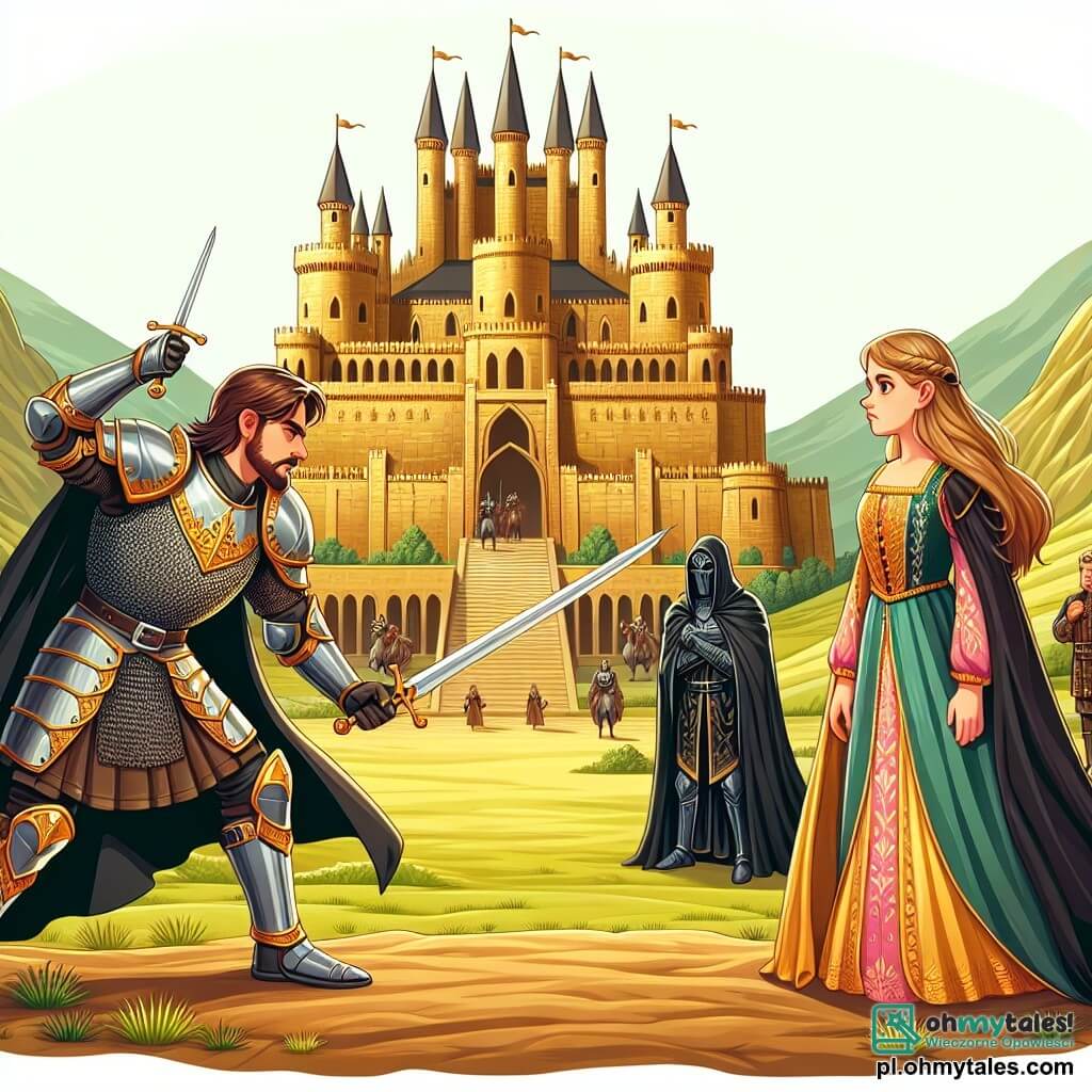 Une illustration sous forme de dessin destinée aux enfants représentant un majestueux château médiéval aux murs de pierre dorée, surplombant une vallée verdoyante, où un courageux chevalier aux cheveux bruns et à la barbe bien taillée, vêtu d'une armure étincelante, brandit son épée avec détermination face à un seigneur maléfique à la silhouette sombre, vêtu d'une cape noire, tandis qu'une jeune femme aux longs cheveux blonds, habillée d'une robe colorée, observe avec inquiétude, tous réunis sur une grande arène en terre battue, symbolisant le combat pour la défense de leur royaume.