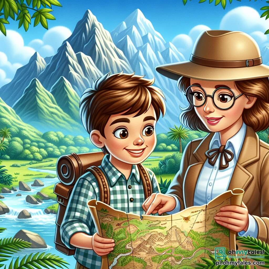 Une illustration sous forme de dessin destinée aux enfants représentant une magnifique vallée verdoyante avec des montagnes majestueuses en arrière-plan, où un jeune garçon aux cheveux bruns et au sourire éclatant, vêtu d'une chemise à carreaux et d'un chapeau d'explorateur, examine une vieille carte avec émerveillement, tandis qu'à ses côtés, une femme aux lunettes rondes et aux cheveux châtains, habillée d'une blouse de scientifique, observe attentivement les environs, tous deux se préparant à une grande aventure pour découvrir un trésor caché.