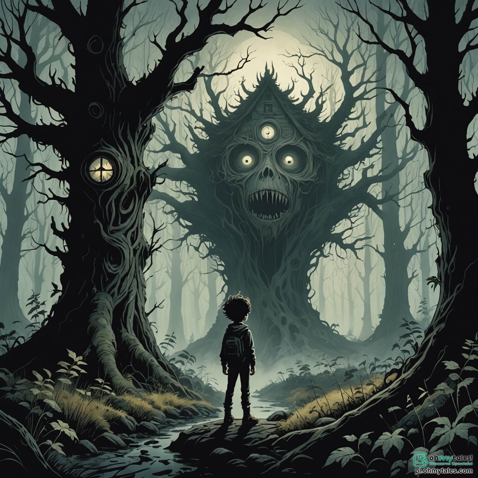 Une illustration destinée aux enfants représentant un garçon aux yeux écarquillés et aux cheveux ébouriffés, se tenant au bord d'une forêt sombre et dense, où les arbres tordus et noueux semblent murmurer des secrets effrayants, tandis qu'une brume épaisse s'élève du sol, enveloppant des silhouettes fantomatiques de créatures aux formes indistinctes, et où, au loin, se dresse une vieille maison abandonnée, aux fenêtres brisées et aux volets battants, où il entend des rires inquiétants d'autres enfants, des filles aux robes blanches déchirées, qui l'appellent d'une voix douce mais troublante, l'invitant à entrer dans ce lieu mystérieux, où chaque ombre pourrait cacher un danger insoupçonné.