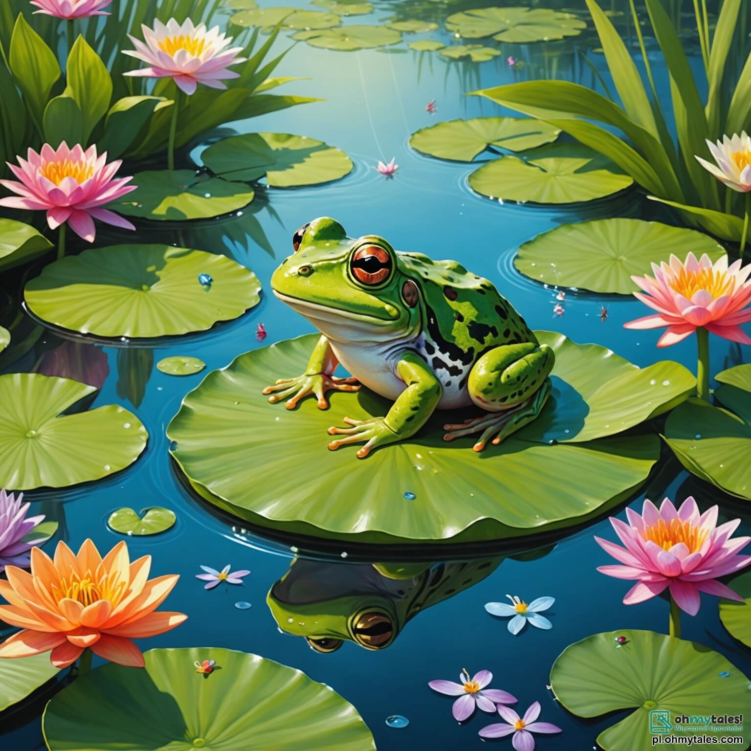 Une illustration destinée aux enfants représentant une petite grenouille aux yeux pétillants et à la peau verte éclatante, perchée sur une grande feuille de nénuphar, entourée de fleurs colorées et de libellules virevoltantes, dans un paisible étang aux eaux cristallines où le soleil joue avec les reflets, tandis qu'elle rêve d'aventures palpitantes aux côtés de son ami le malicieux lapin aux grandes oreilles, tous deux déterminés à découvrir le secret d'un mystérieux trésor caché au cœur de la forêt enchantée qui borde leur doux refuge aquatique.