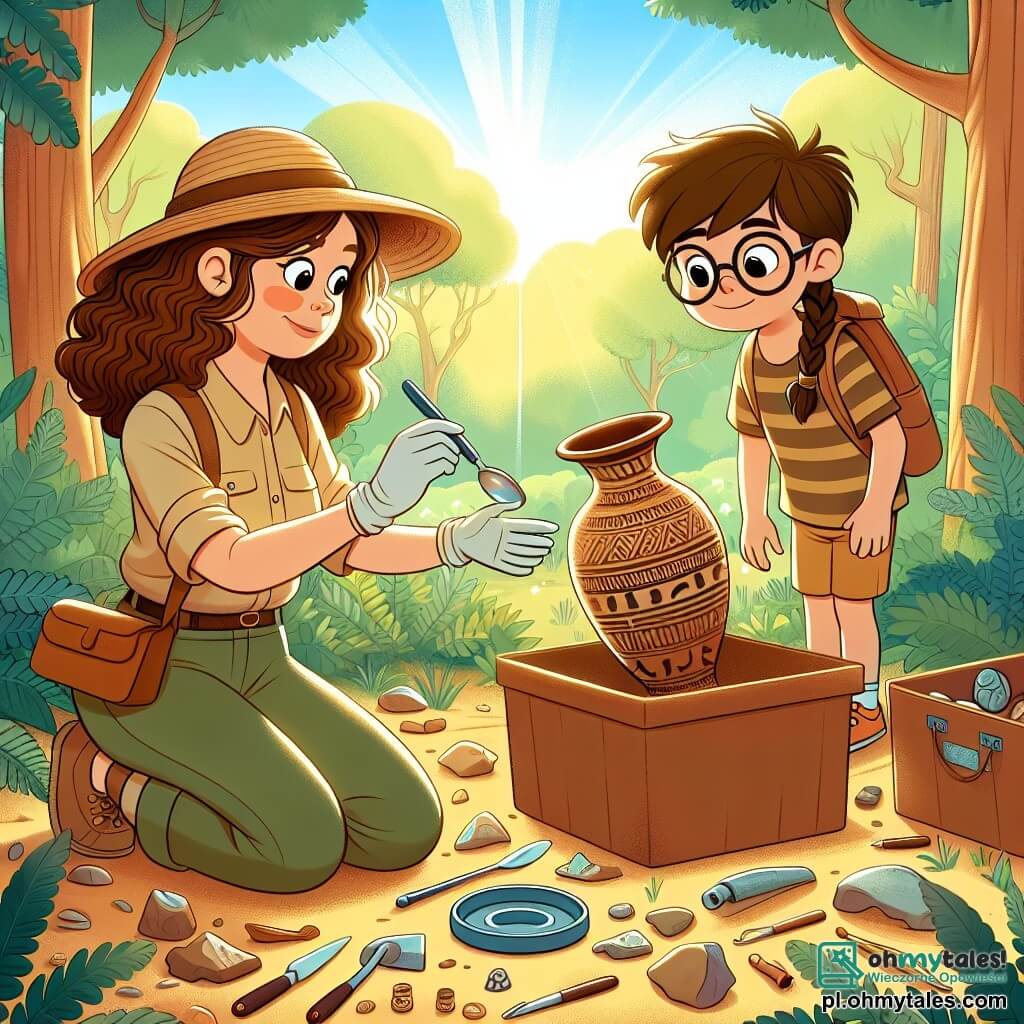 Une illustration sous forme de dessin destinée aux enfants représentant une forêt verdoyante et ensoleillée, où une femme archéologue aux cheveux châtains et bouclés, portant un chapeau de paille et une chemise à manches courtes, est accroupie en train de nettoyer délicatement un ancien vase en céramique, tandis que deux enfants, un garçon aux lunettes et une fille aux tresses, l'observent avec émerveillement, leurs visages illuminés par la curiosité, entourés de fouilles archéologiques et d'outils éparpillés, illustrant leur passion commune pour les découvertes du passé.