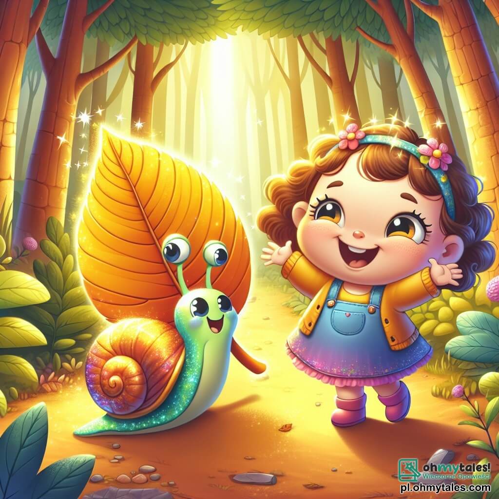Une illustration sous forme de dessin destinée aux enfants représentant une clairière enchantée dans une forêt lumineuse, avec une petite fille de 1 an aux cheveux bouclés et aux yeux pétillants, riant joyeusement tout en tenant un grand, brillant et doré feuillage, accompagnée d'un drôle de petit escargot aux couleurs vives, avec un sourire malicieux, qui raconte une blague, le tout baigné dans une lumière douce et chaleureuse, évoquant une atmosphère de magie et de bonne humeur.