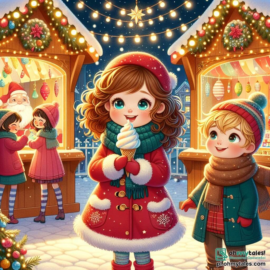 Une illustration sous forme de dessin destinée aux enfants représentant un charmant marché de Noël illuminé, avec des stands colorés décorés de guirlandes scintillantes et de flocons de neige tombant doucement, au premier plan une fille de 11 ans aux cheveux châtains et bouclés, portant un manteau rouge et une écharpe en laine, qui sourit en tenant un grand cône de glace en forme de sapin, tandis qu'à ses côtés, son ami, un garçon aux cheveux blonds et aux yeux pétillants, observe avec émerveillement les décorations, tous deux se préparant à aider le Père Noël à retrouver des cadeaux disparus, entourés d'enfants joyeux jouant dans la neige.