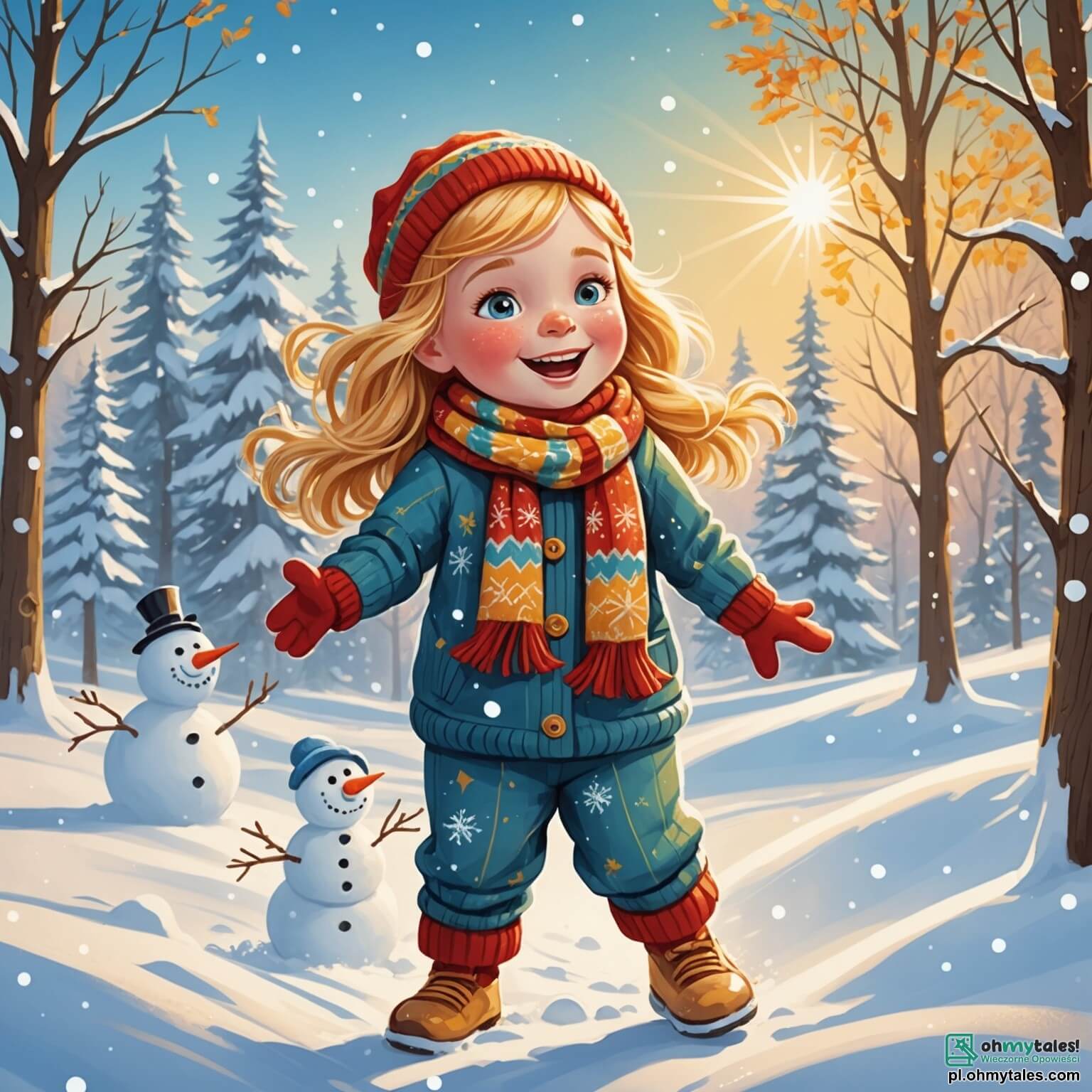 Une illustration destinée aux enfants représentant une petite fille aux cheveux dorés comme les rayons du soleil, avec des yeux pétillants de joie, vêtue d'une combinaison colorée et d'une écharpe tricotée, s'amusant à construire un baigneur de neige au milieu d'un paysage hivernal féerique, où les flocons de neige dansent doucement dans l'air frais, les arbres majestueux sont recouverts d'un manteau blanc éclatant, et des enfants, dont un garçon espiègle aux joues roses et une autre fille rieuse avec des couettes, s'élancent sur des luges en riant, tandis qu'un doux soleil d'hiver illumine cette scène magique, créant une atmosphère de bonheur et d'amitié.