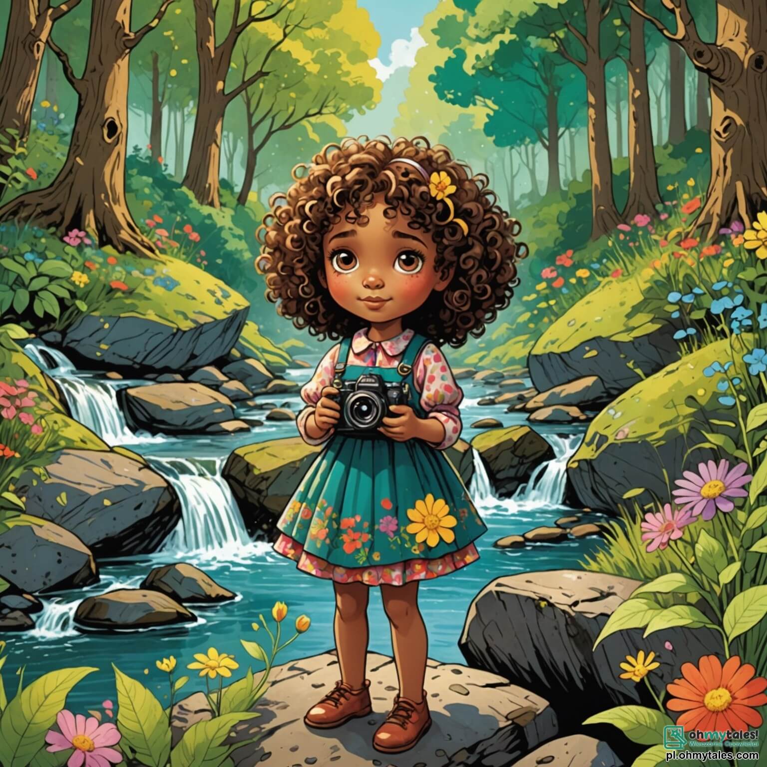 Une illustration destinée aux enfants représentant une petite fille aux cheveux bouclés et aux yeux pétillants, vêtue d'une robe colorée ornée de motifs floraux, qui, armée de son appareil photo et de son carnet de croquis, explore avec émerveillement un magnifique et verdoyant bois parsemé de fleurs éclatantes, de majestueux arbres aux troncs noueux, et d'un doux murmure de ruisseau serpentant entre les rochers, tandis qu'elle se lie d'amitié avec une malicieuse petite écureuil aux yeux vifs et un sage vieux hibou aux plumes grises, tous deux témoins de sa détermination à protéger la nature et à sensibiliser ses camarades d'école à l'importance de préserver leur environnement.