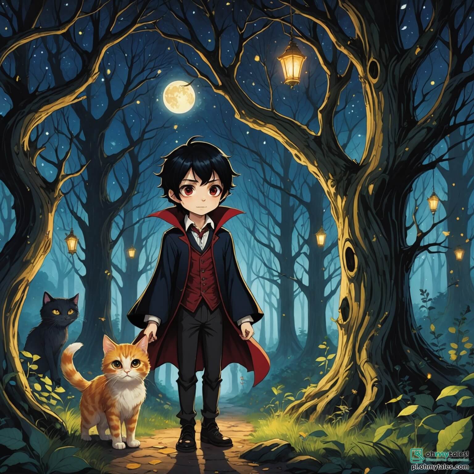 Une illustration destinée aux enfants représentant un jeune vampire à la chevelure ébène et aux yeux rubis étincelants, flottant avec grâce dans une forêt enchantée où des arbres aux troncs tordus s’élèvent comme des géants, leurs feuilles luminescentes scintillant dans la nuit étoilée, tandis qu’un chat espiègle aux poils soyeux et aux yeux dorés, complice de ses aventures, l’observe avec curiosité, prêt à l’accompagner dans sa quête magique.