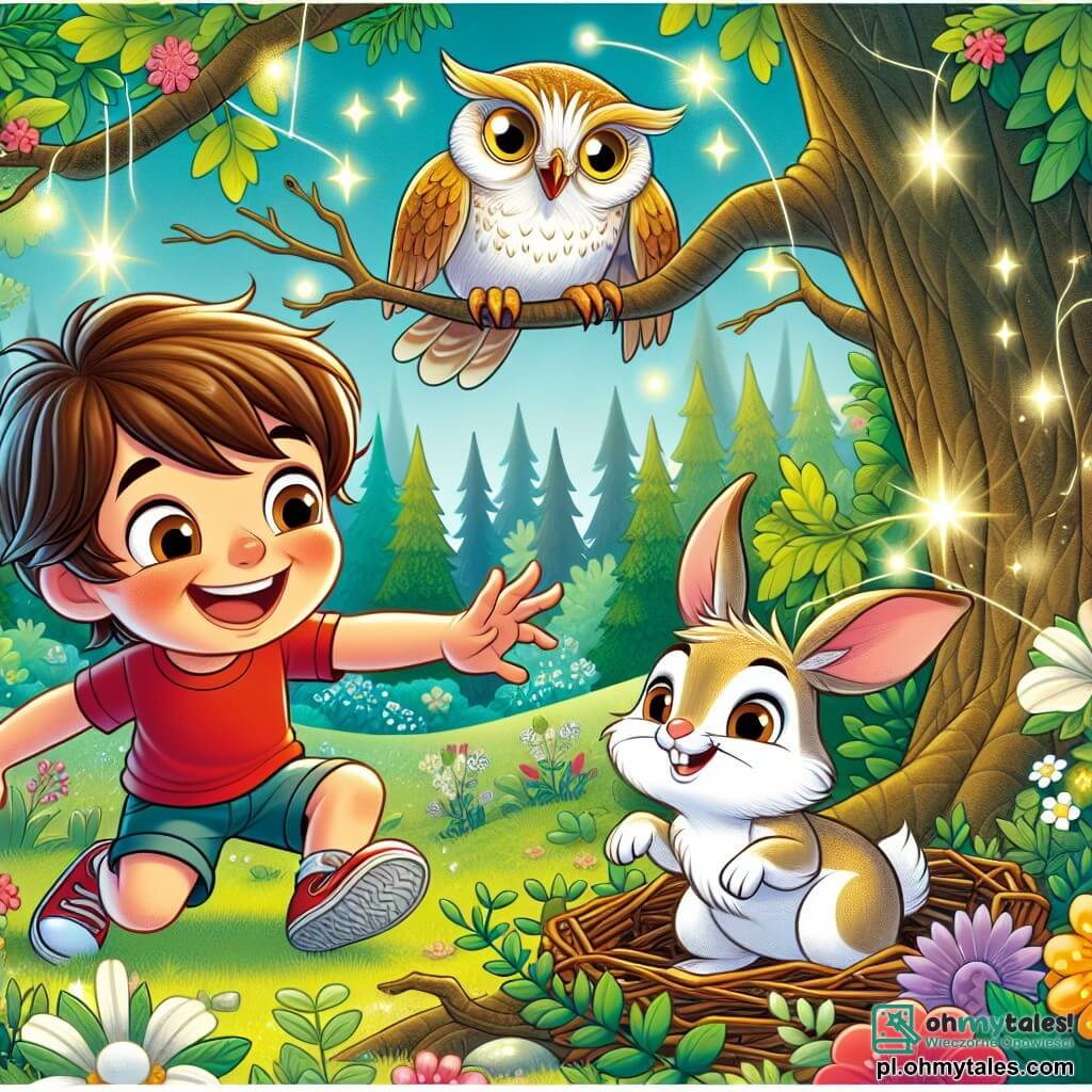 Une illustration sous forme de dessin destinée aux enfants représentant une forêt enchantée aux arbres colorés et aux fleurs pétillantes, où un garçon de 7 ans aux cheveux châtains et aux yeux pétillants, vêtu d'un t-shirt rouge et de shorts bleus, rit joyeusement en tendant la main vers un petit et espiègle Zano, un lapin aux grandes oreilles et au pelage doux, qui s'est pris dans une puissante mais amusante piège de feuilles, tandis qu'une sage chouette aux plumes dorées les observe avec un sourire malicieux depuis une branche, capturant l'esprit d'une aventure pleine d'humour et d'amitié.
