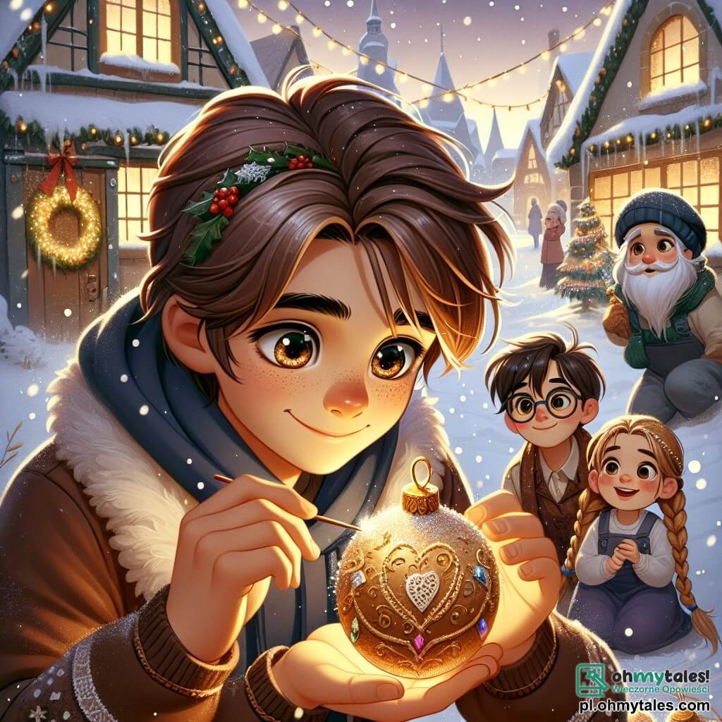 Une illustration sous forme de dessin destinée aux enfants représentant une scène magique de Noël dans un petit village enneigé, avec un garçon de 11 ans aux cheveux bruns et aux yeux pétillants, concentré sur la création d'une belle bombka dorée ornée de photos, entouré de ses amis : une fille aux cheveux blonds tressés, souriante et enthousiaste, tenant des paillettes, et un garçon aux lunettes, curieux et observateur, tous deux admirant le travail du garçon alors que des flocons de neige tombent doucement autour d'eux, créant une atmosphère chaleureuse et festive.
